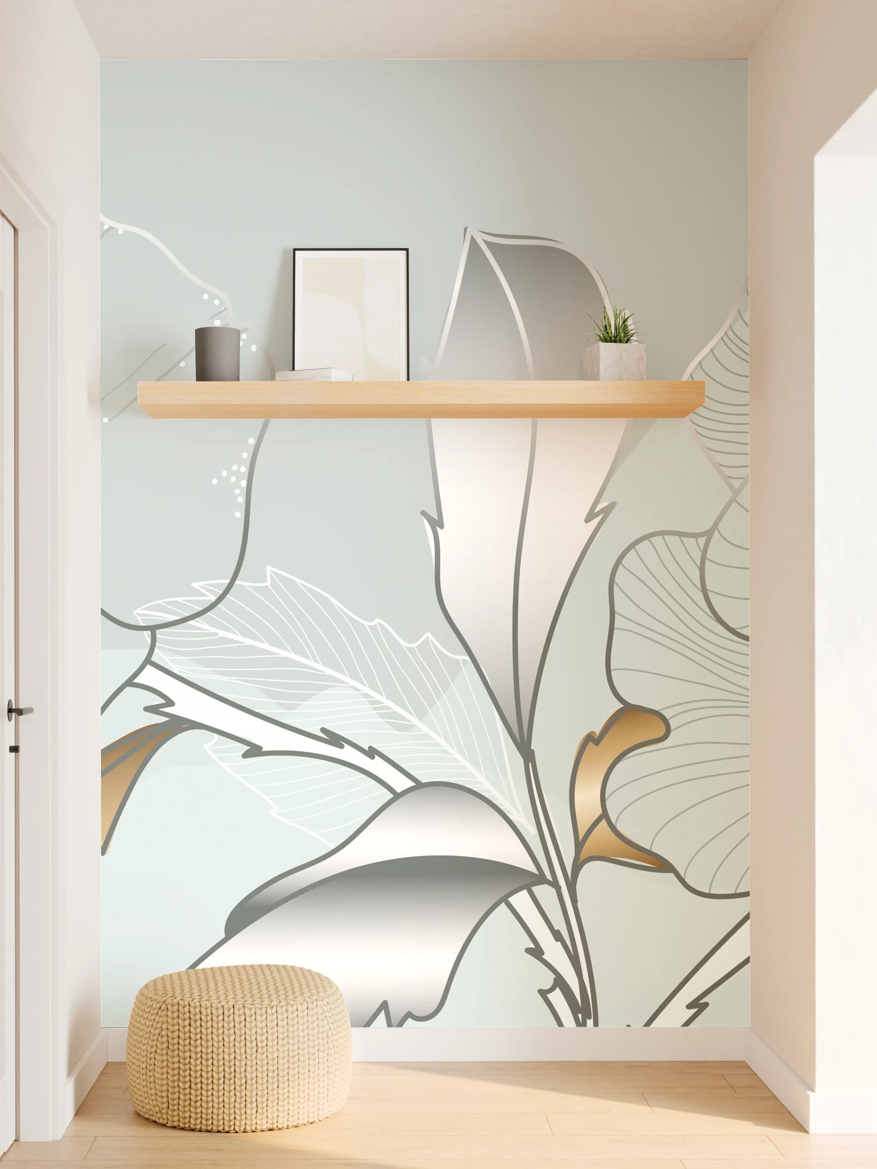 Wandverkleidung Flur - Grau-Weiße Blumenillustration
