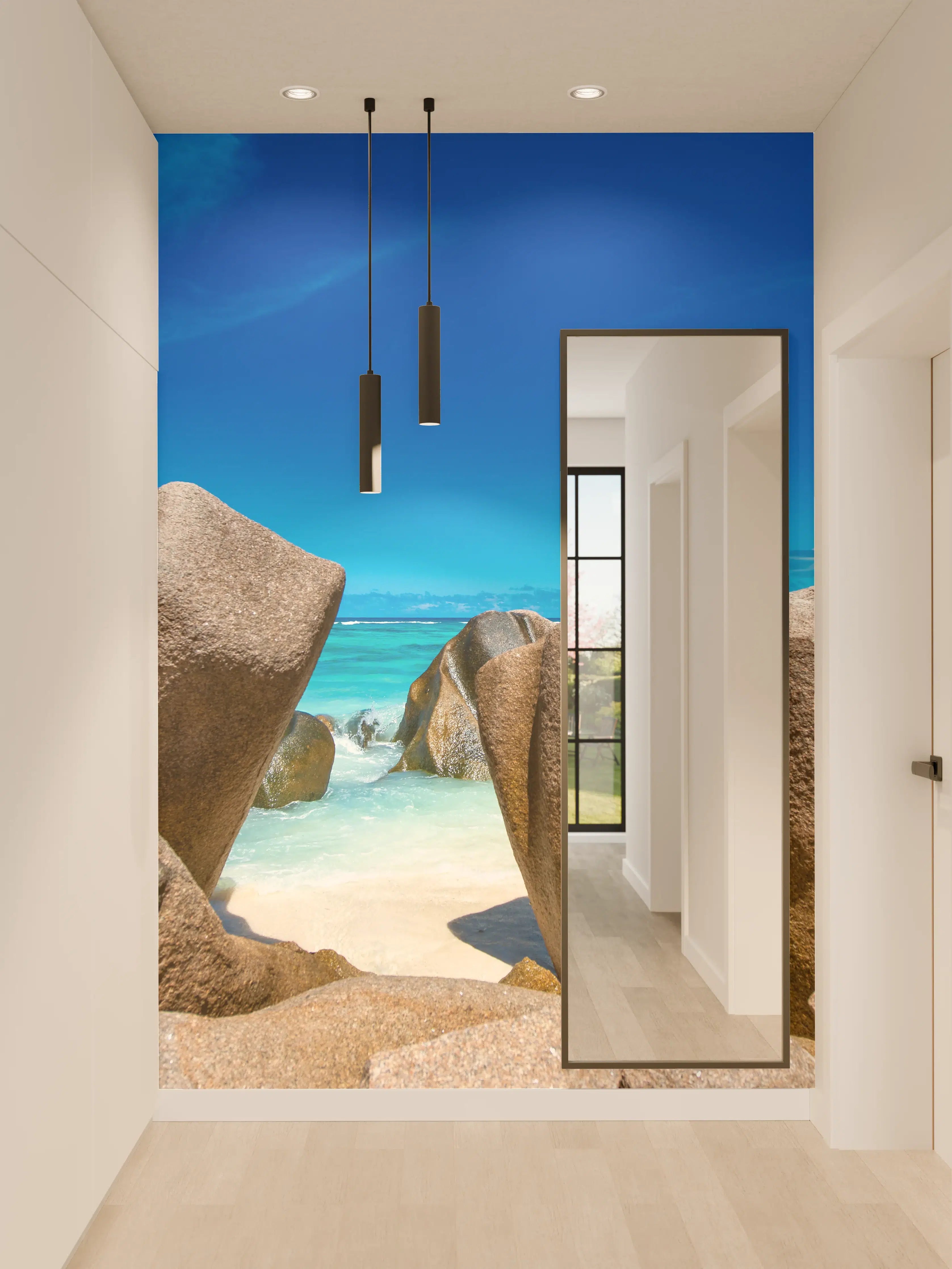 Wandverkleidung Flur - Grau-weiße Strandidylle mit Felsen