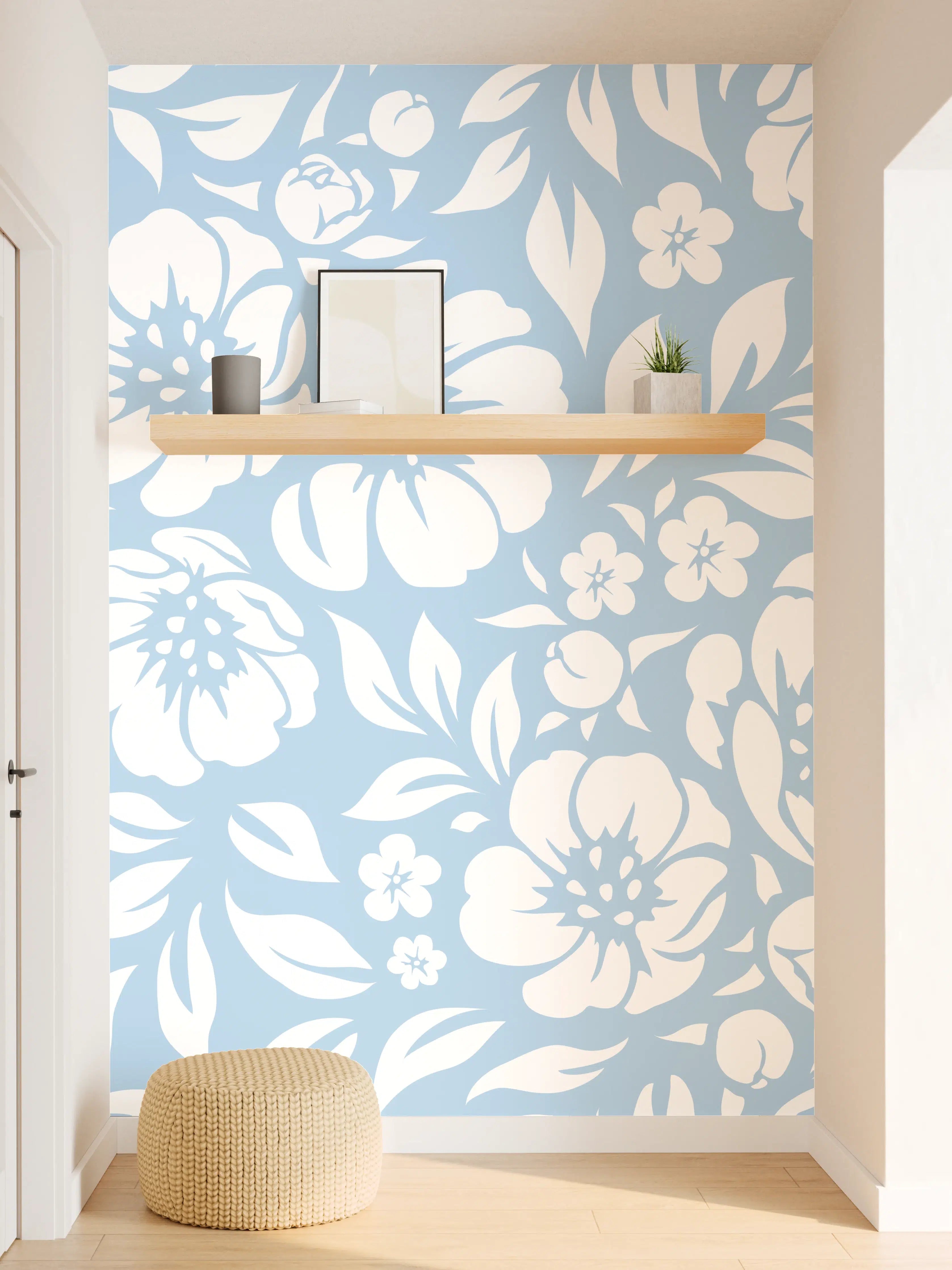 Wandverkleidung Flur - Graublaues Blumenmuster in Weiß