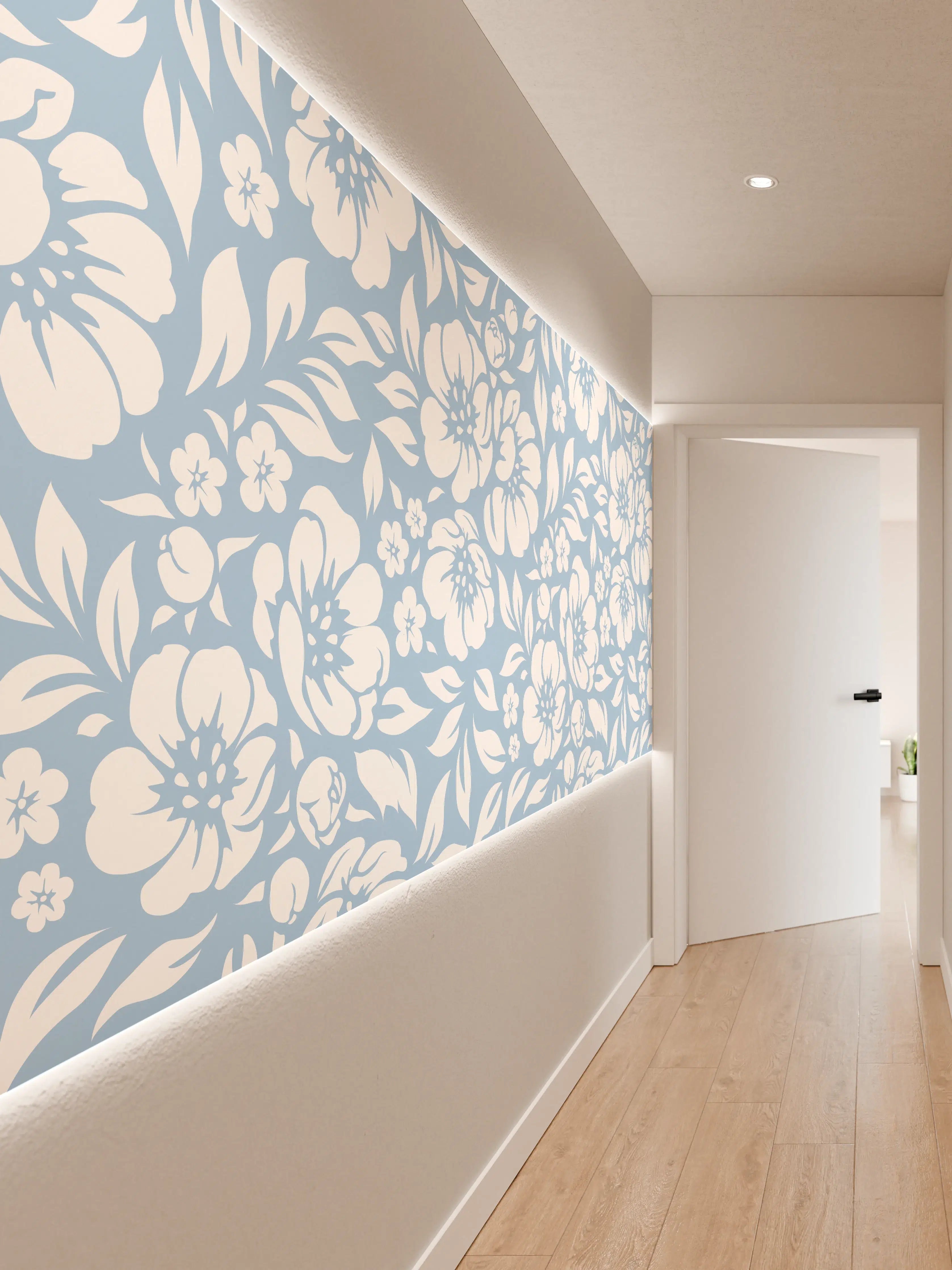 Wandverkleidung Flur - Graublaues Blumenmuster in Weiß