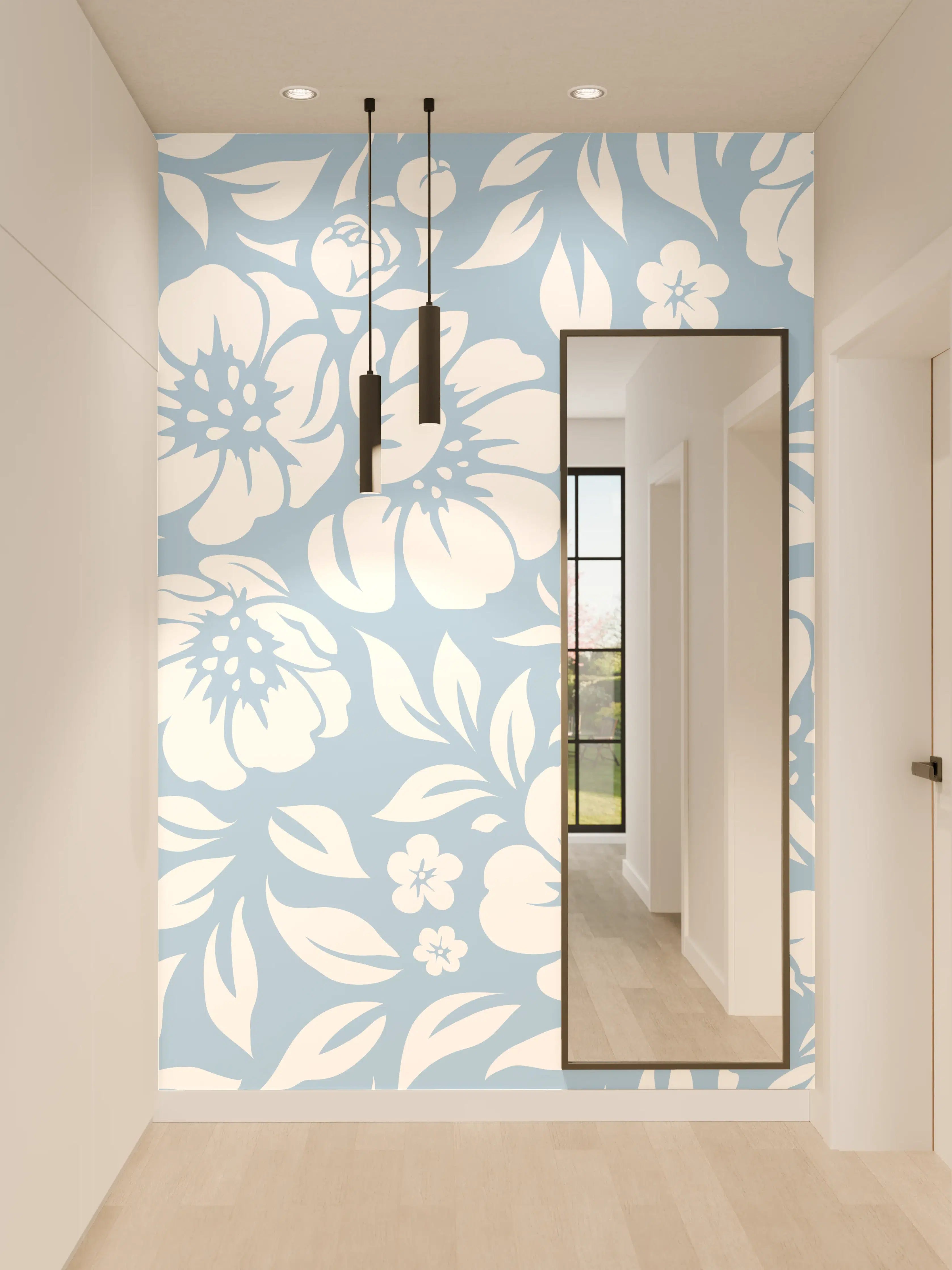 Wandverkleidung Flur - Graublaues Blumenmuster in Weiß