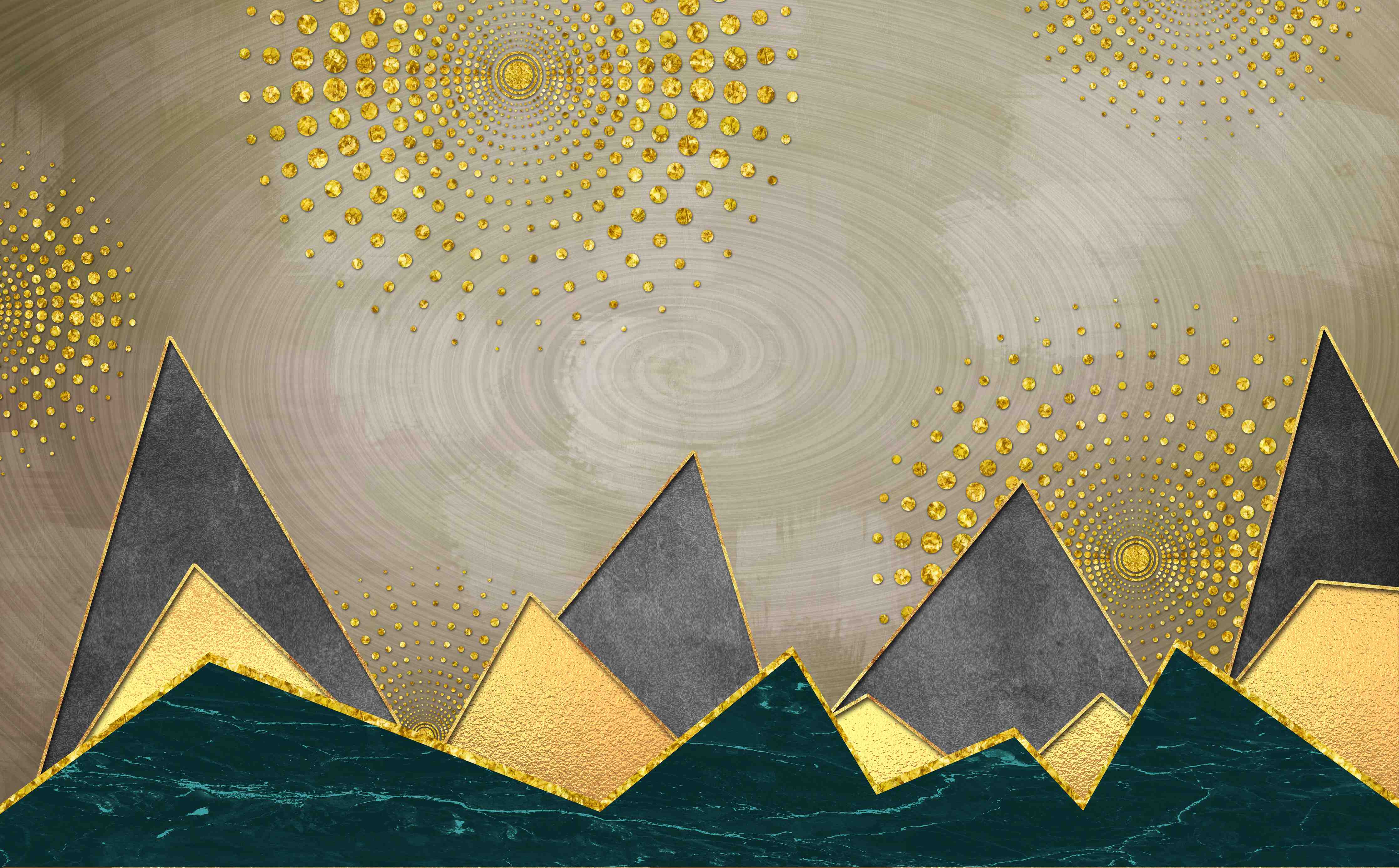 Wandverkleidung Flur-Graue Bergwelt mit goldenen Akzenten
