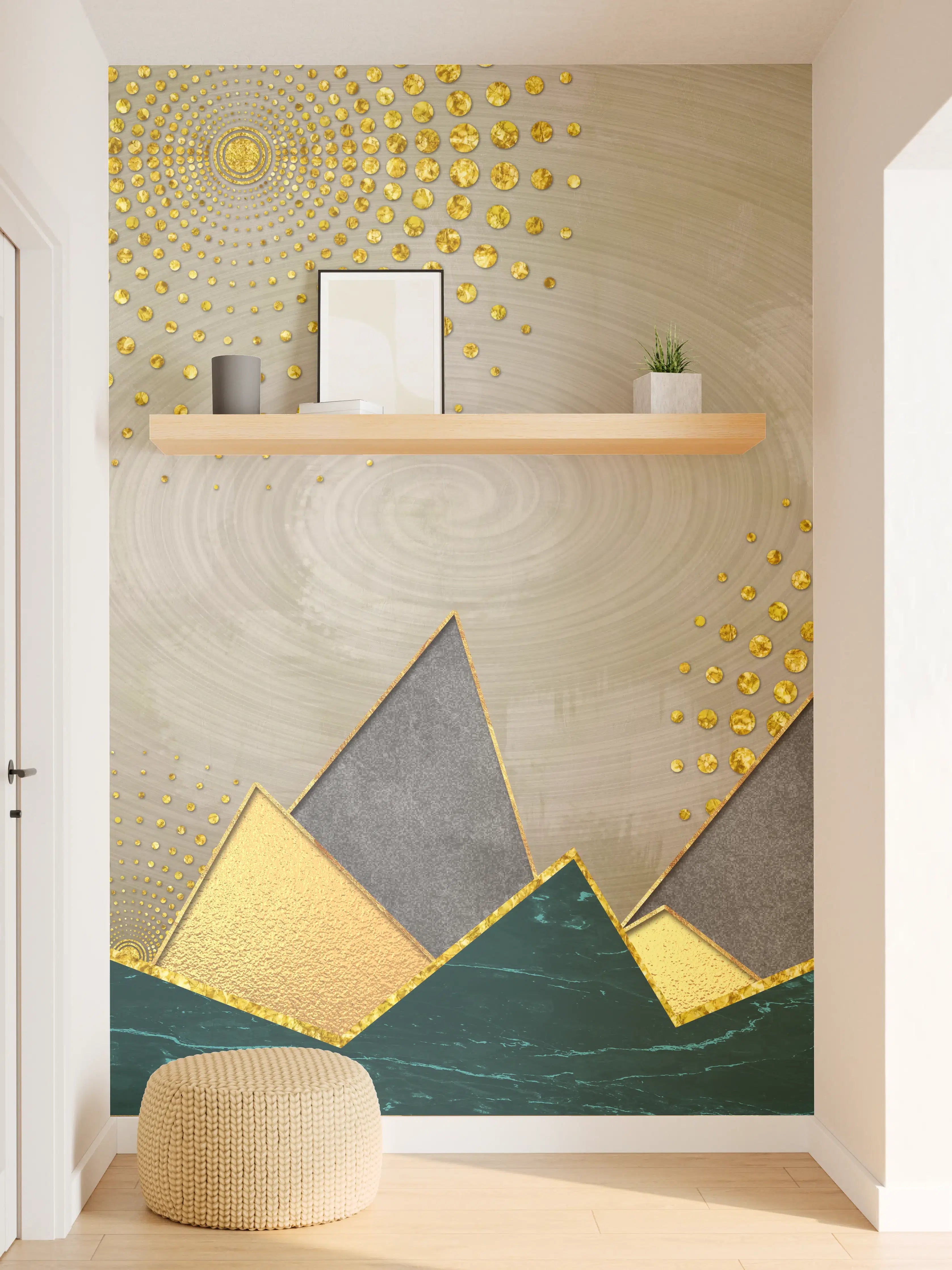 Wandverkleidung Flur - Graue Bergwelt mit goldenen Akzenten