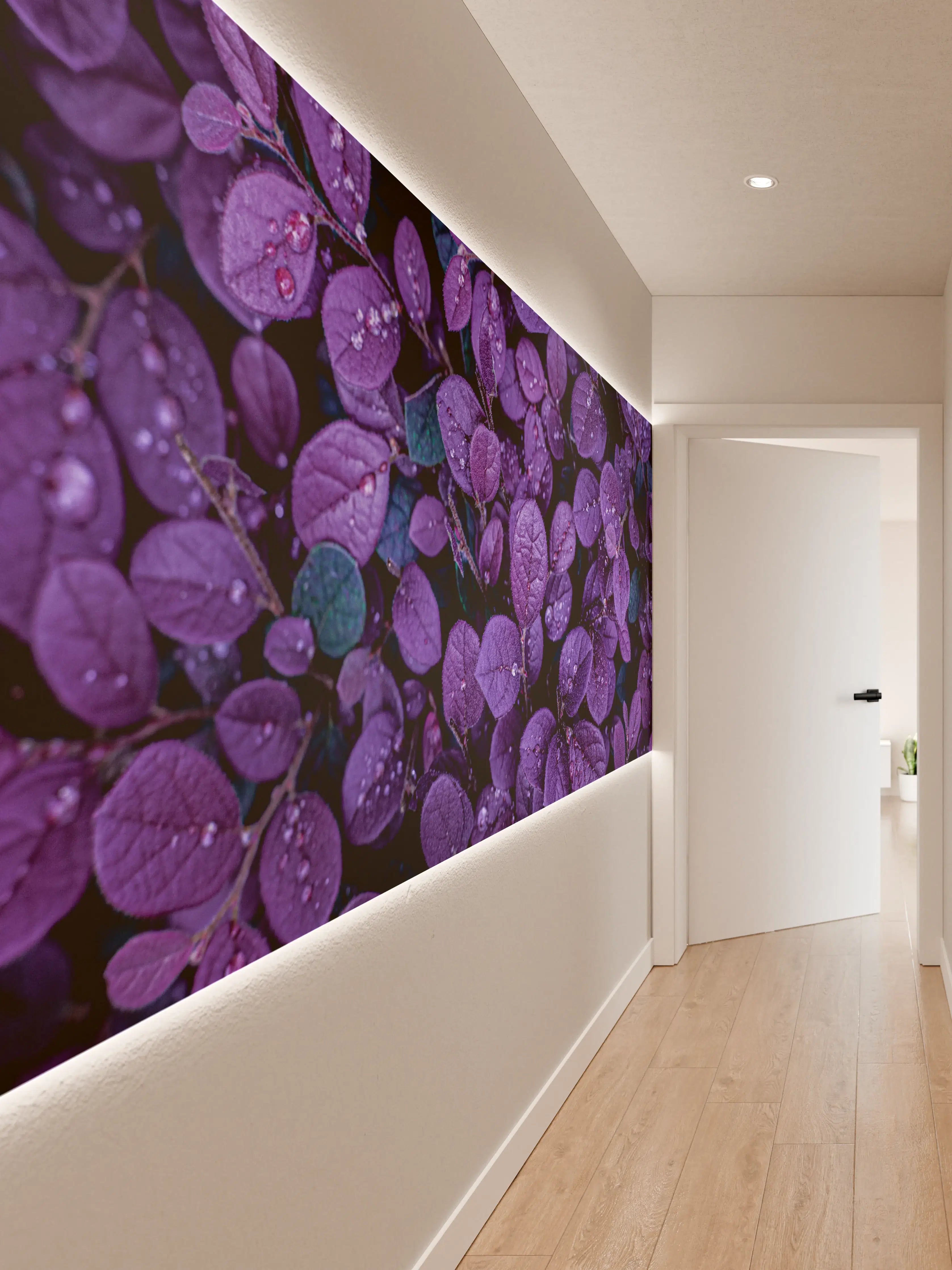 Wandverkleidung Flur - Graue Blätter mit Tautropfen