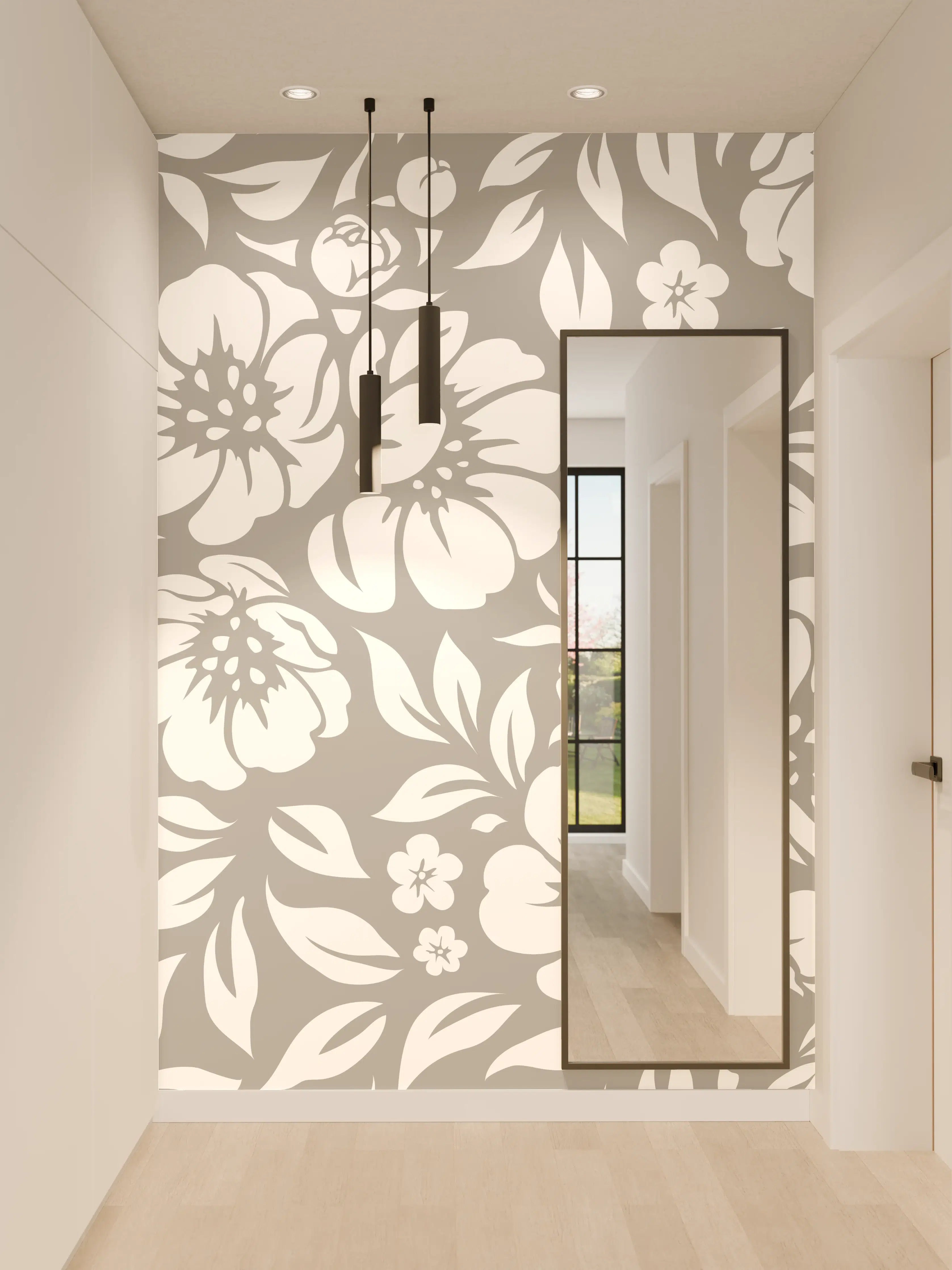 Wandverkleidung Flur - Graue Blüten im Weißdesign