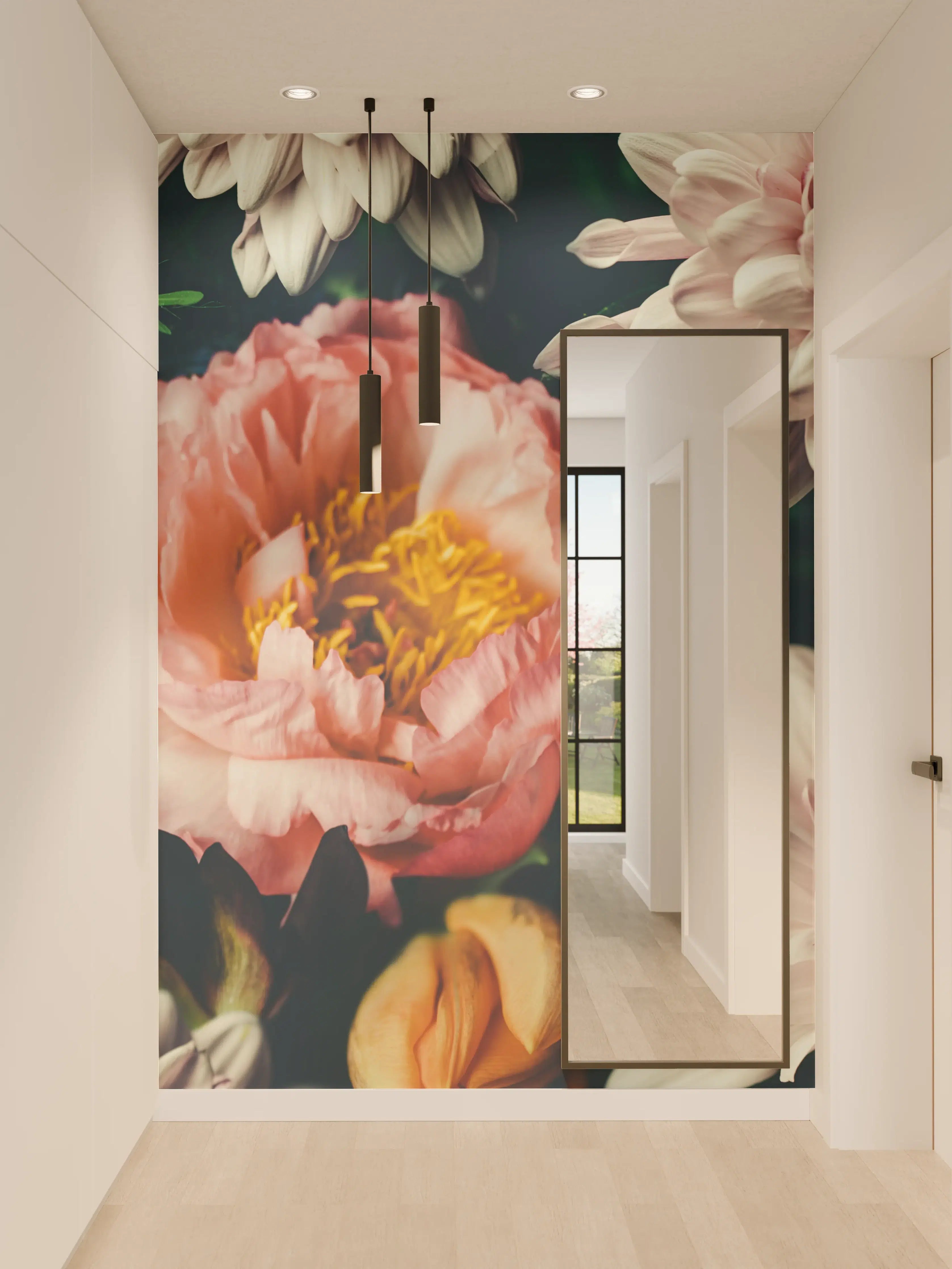 Wandverkleidung Flur - Graue Blüten in dunklem Gewand