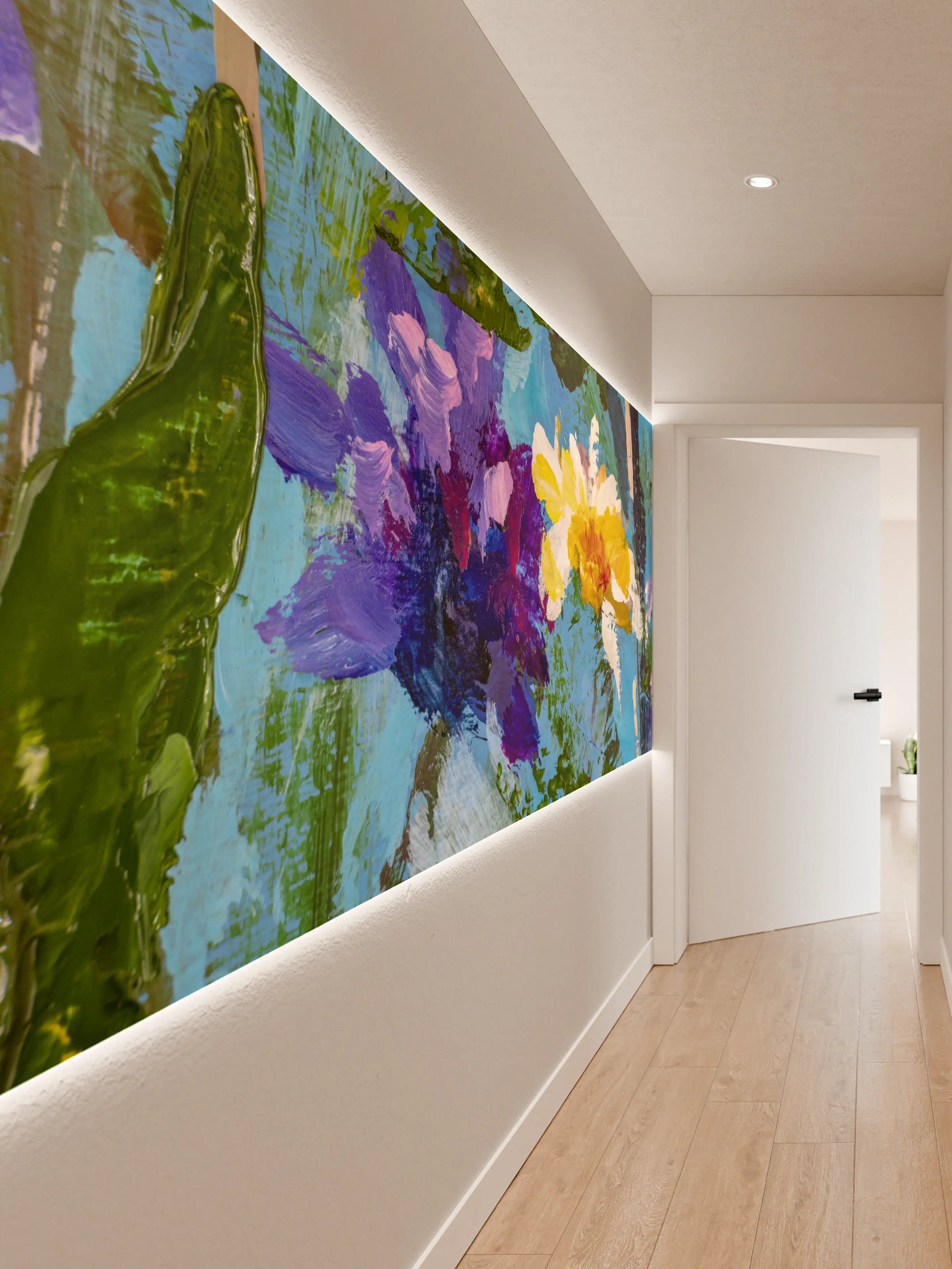 Wandverkleidung Flur - Graue Blütenpracht in lebendigen Farben