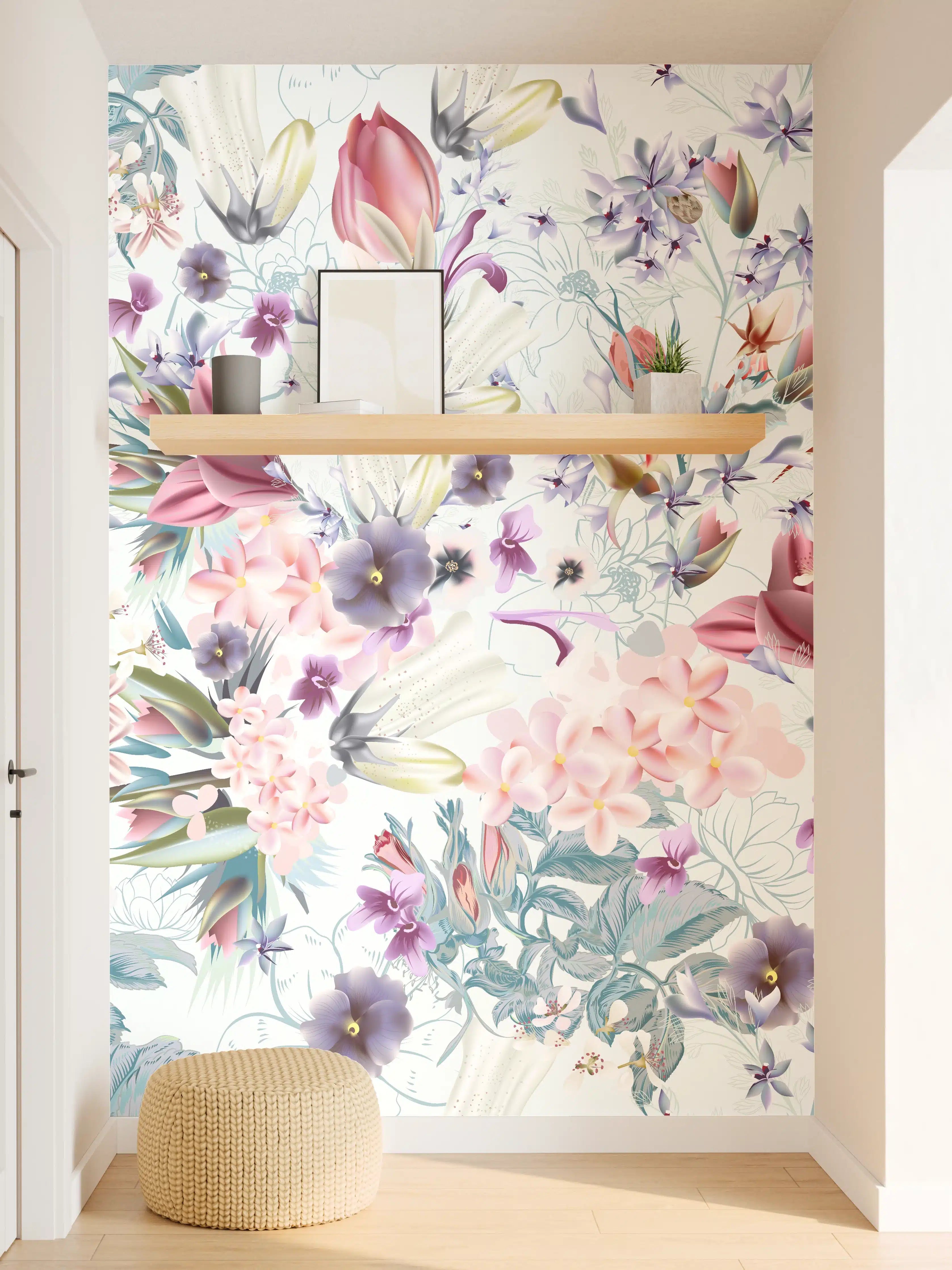 Wandverkleidung Flur - Graue Blumen im zarten Pastell