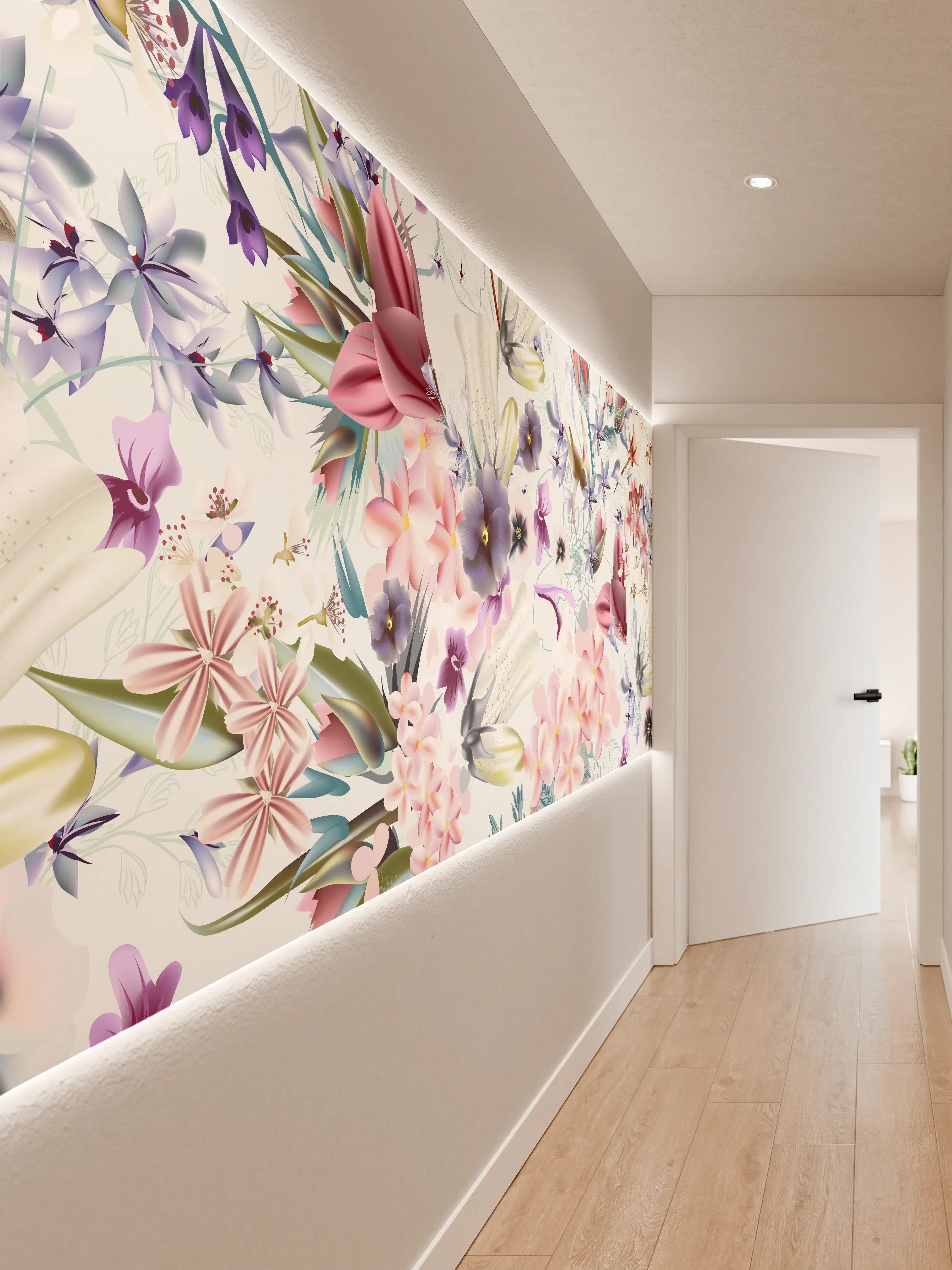 Wandverkleidung Flur - Graue Blumen im zarten Pastell