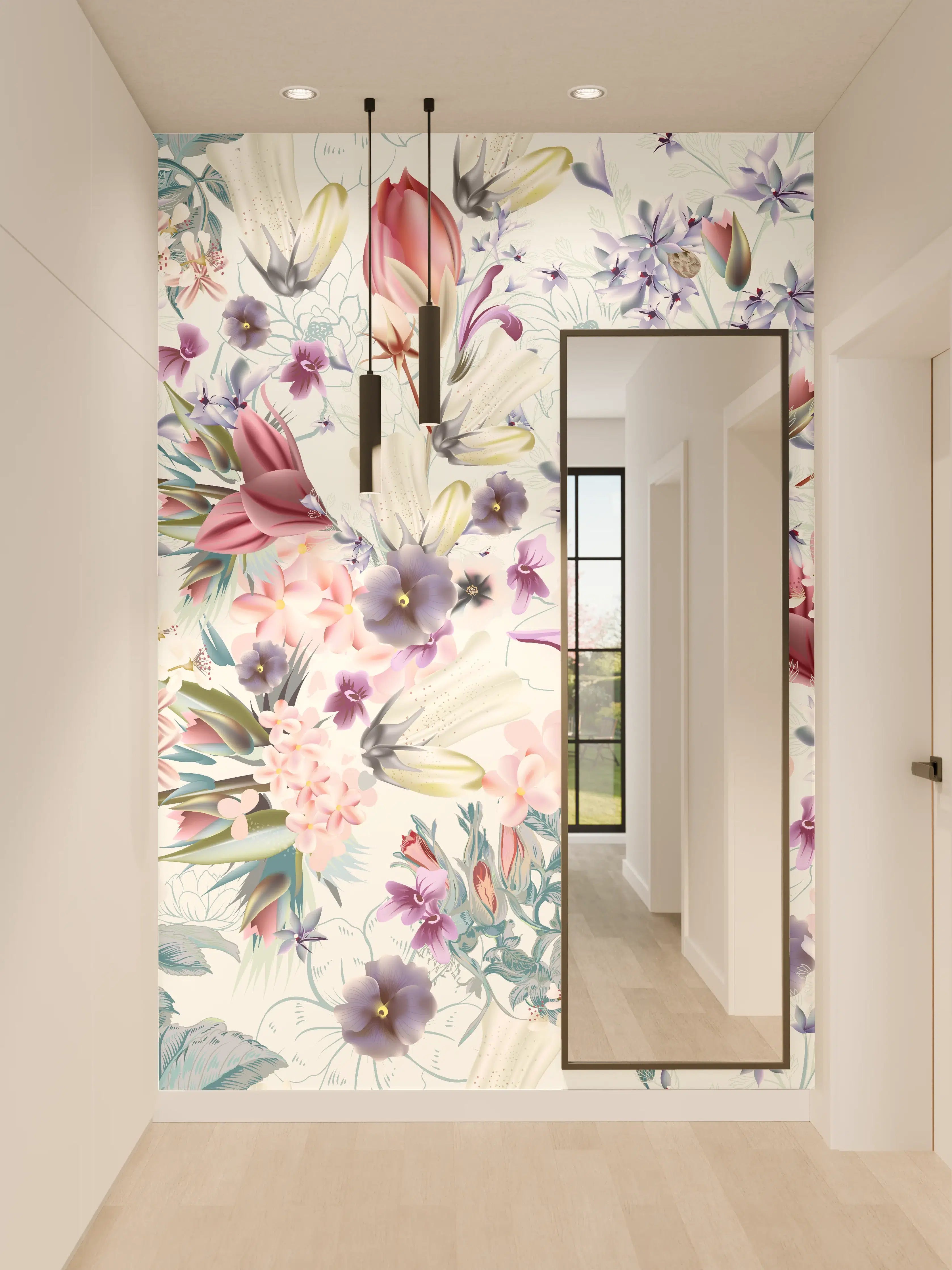 Wandverkleidung Flur - Graue Blumen im zarten Pastell