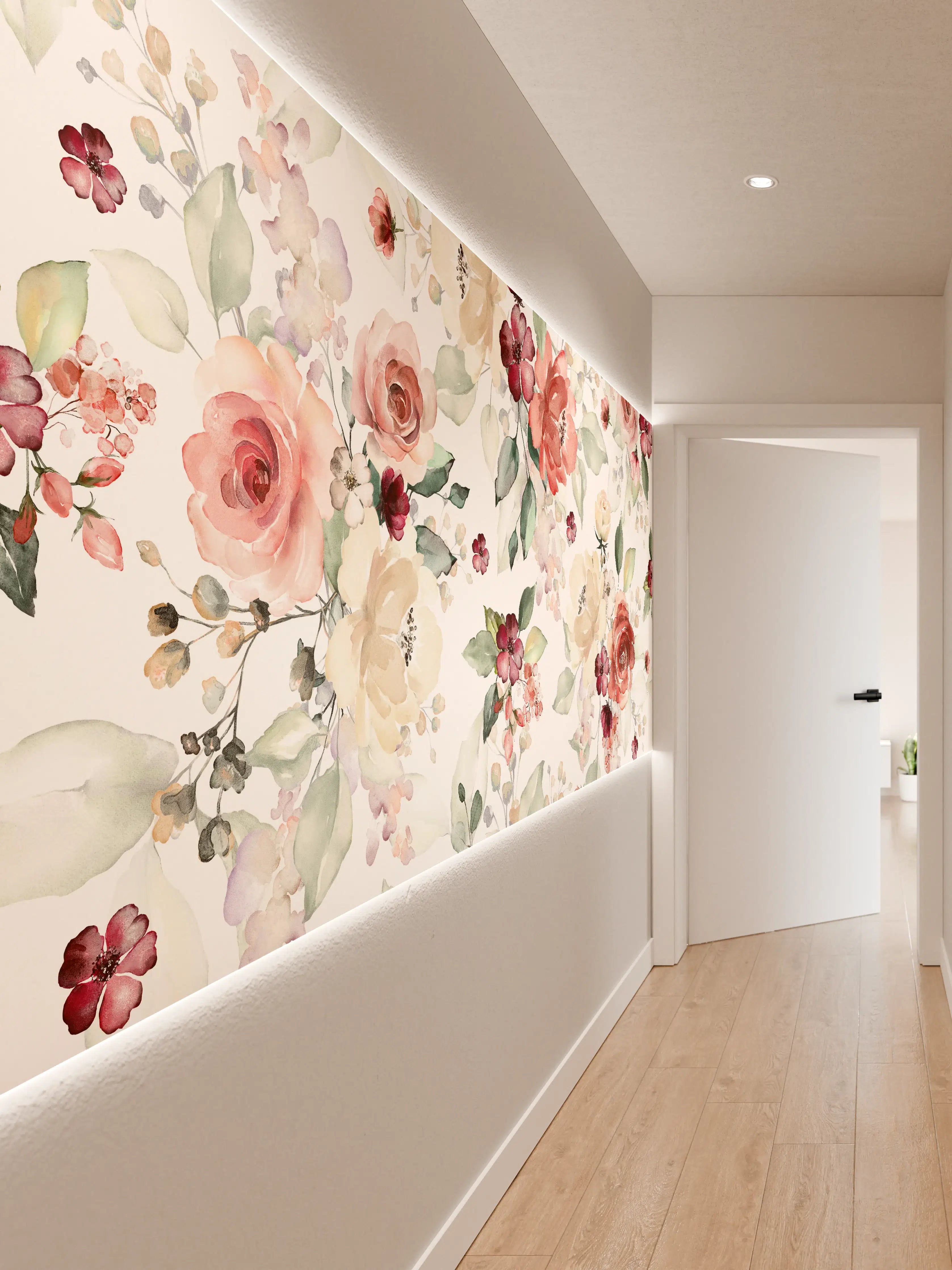 Wandverkleidung Flur - Graue Blumenmuster im Pastellweiß