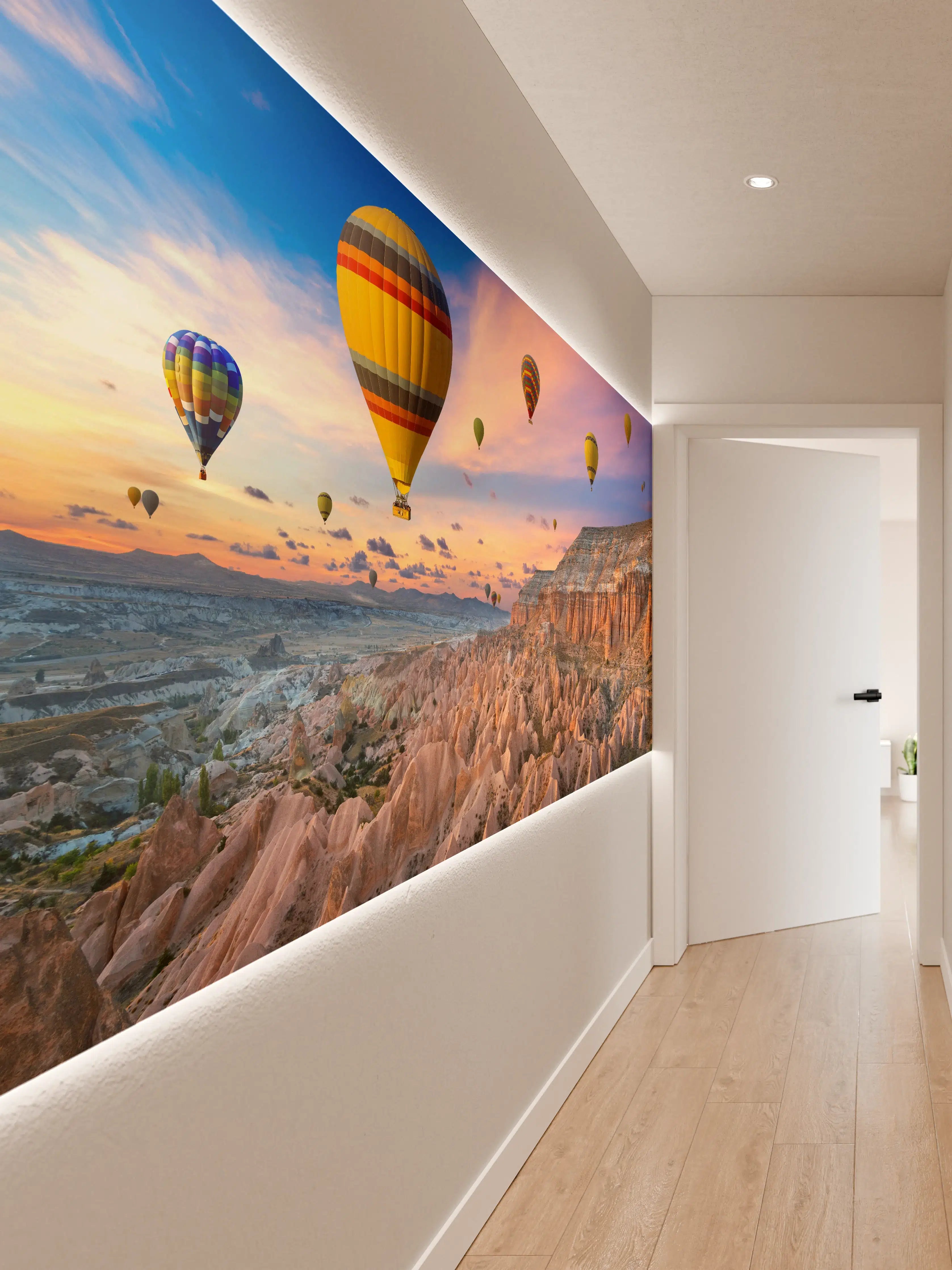 Wandverkleidung Flur - Graue Heißluftballons über faszinierender Landschaft