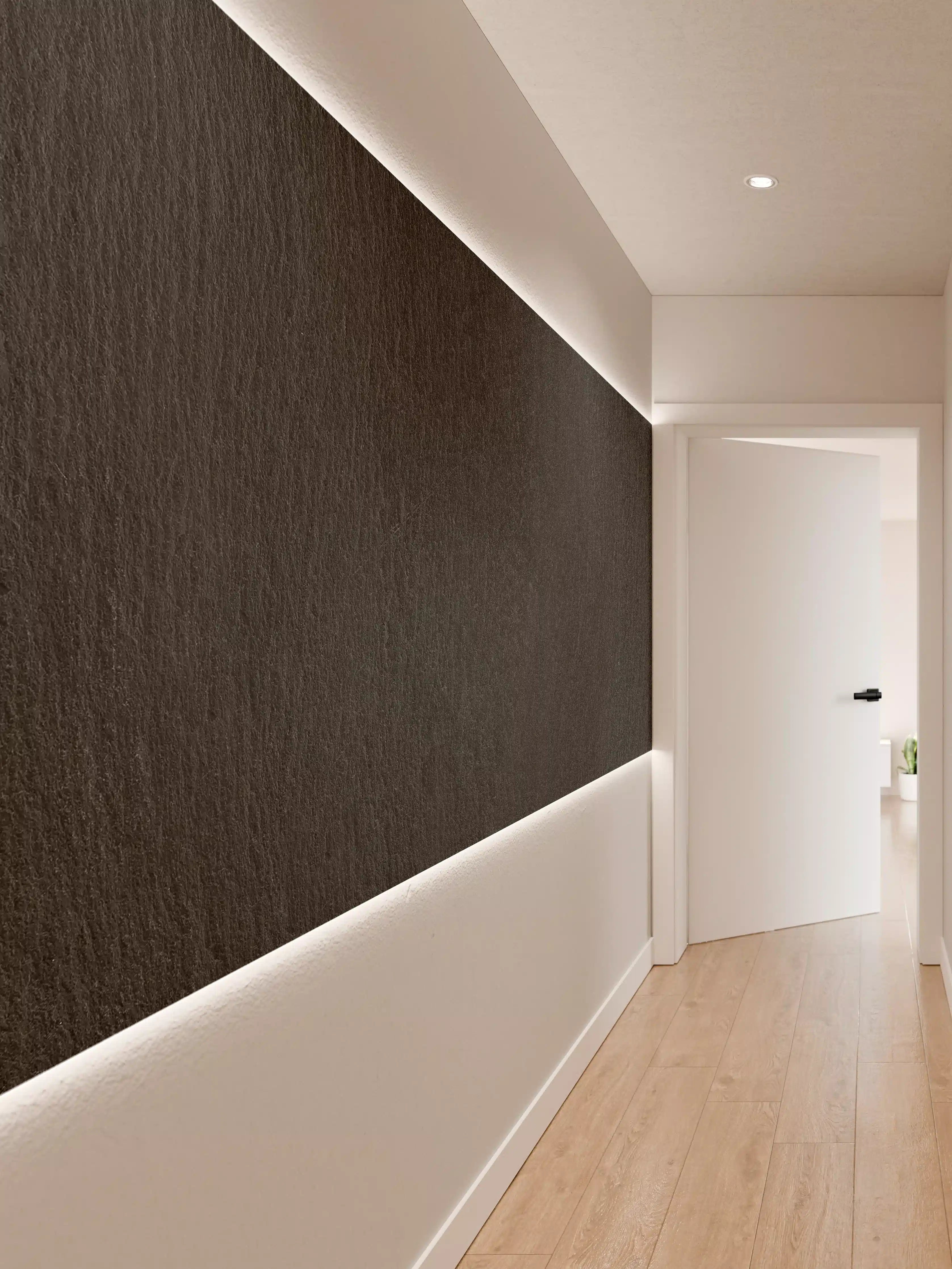 Wandverkleidung Flur - Graue Holzoptik Fliese mit Weißmotiven