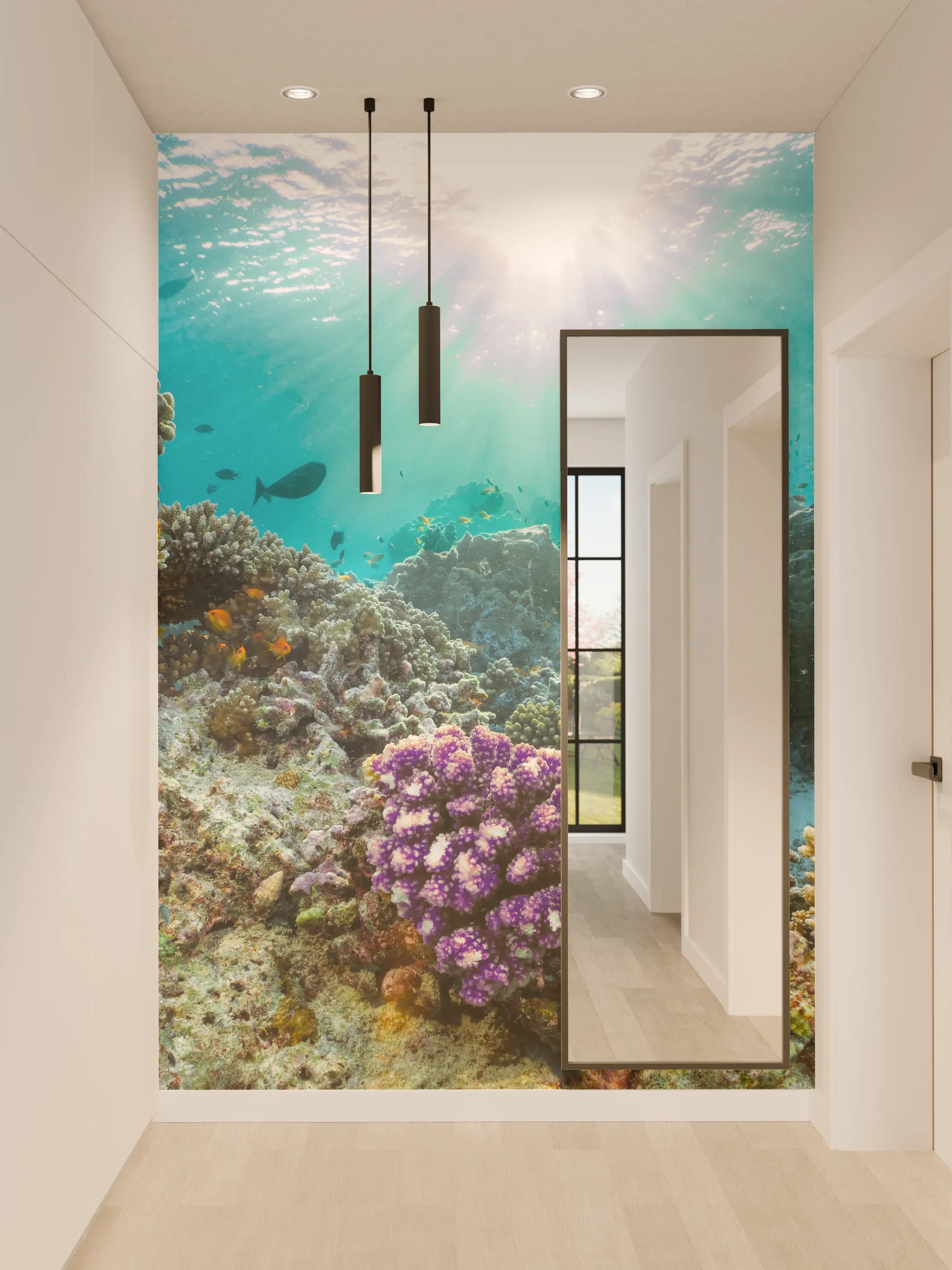 Wandverkleidung Flur - Graue Korallen und bunte Fische unter Wasser