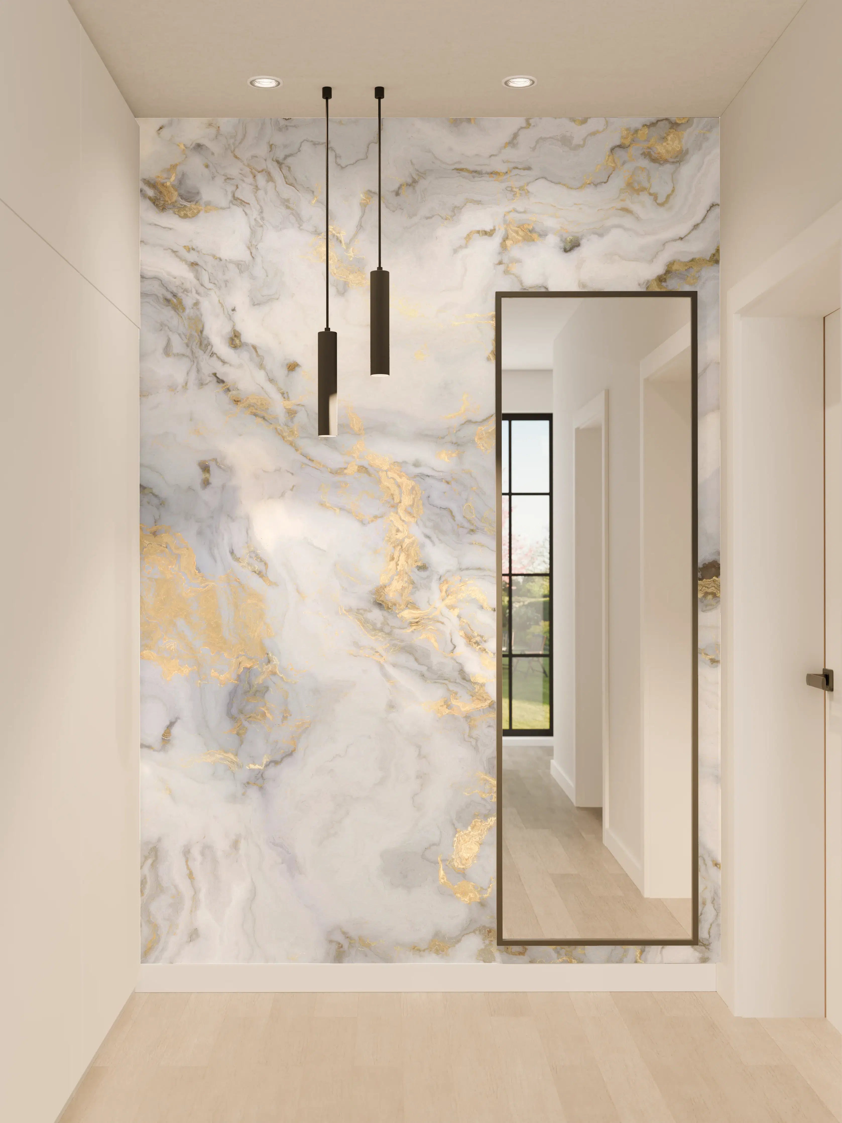 Wandverkleidung Flur - Graue Marmoroptik mit goldenen Details
