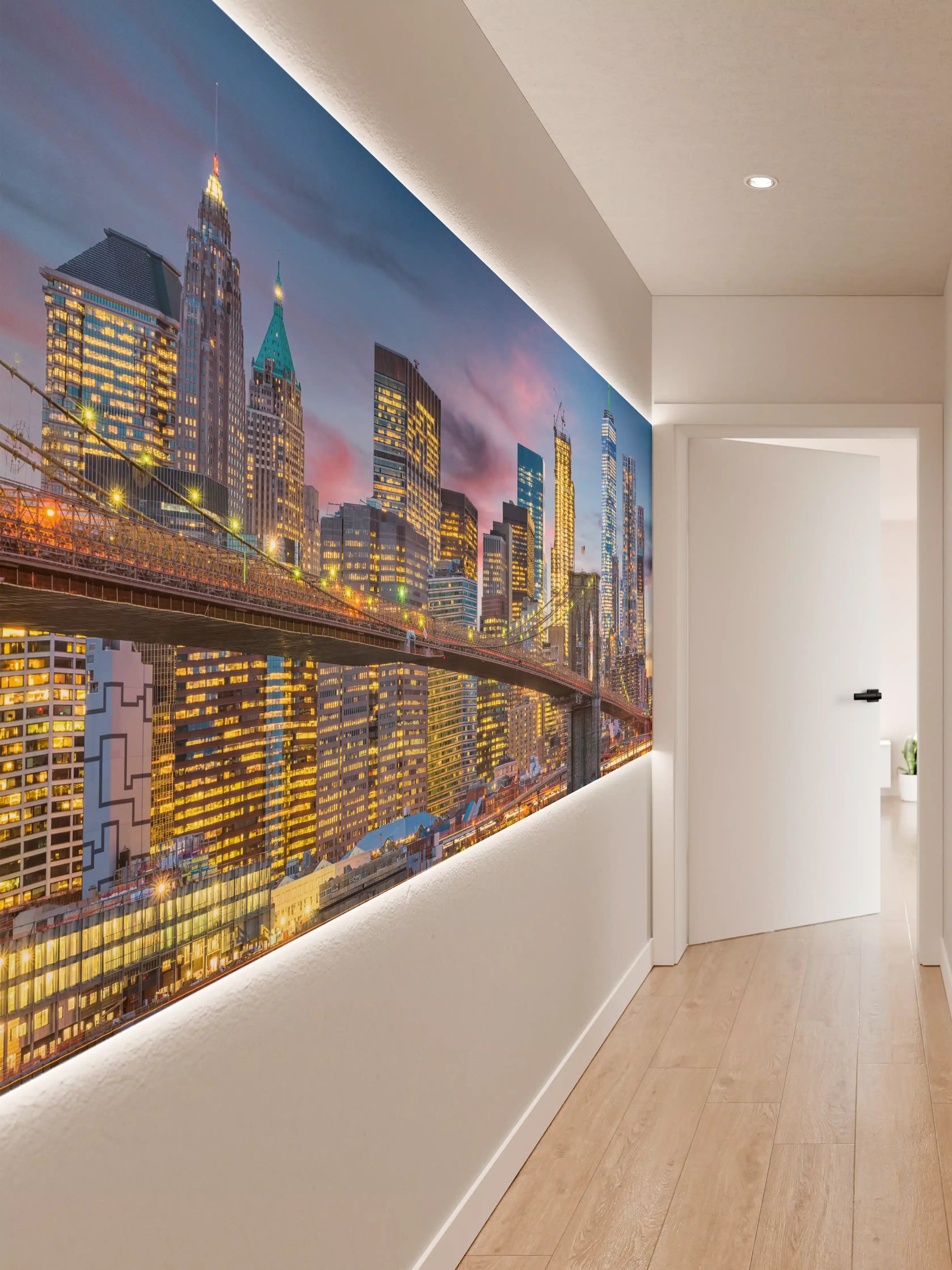 Wandverkleidung Flur - Graue Schatten über Sonnenuntergangsstadt