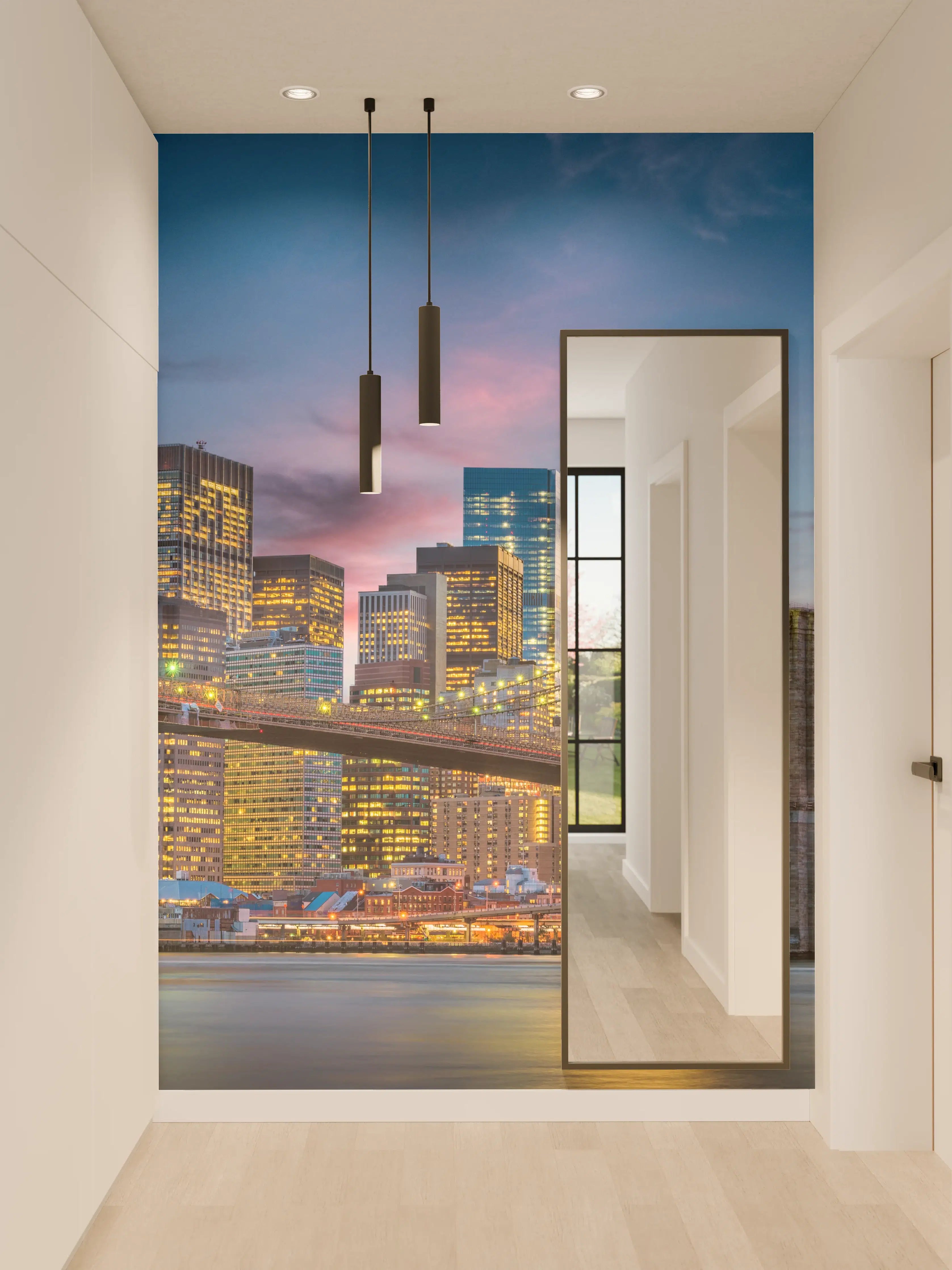 Wandverkleidung Flur - Graue Schatten über Sonnenuntergangsstadt