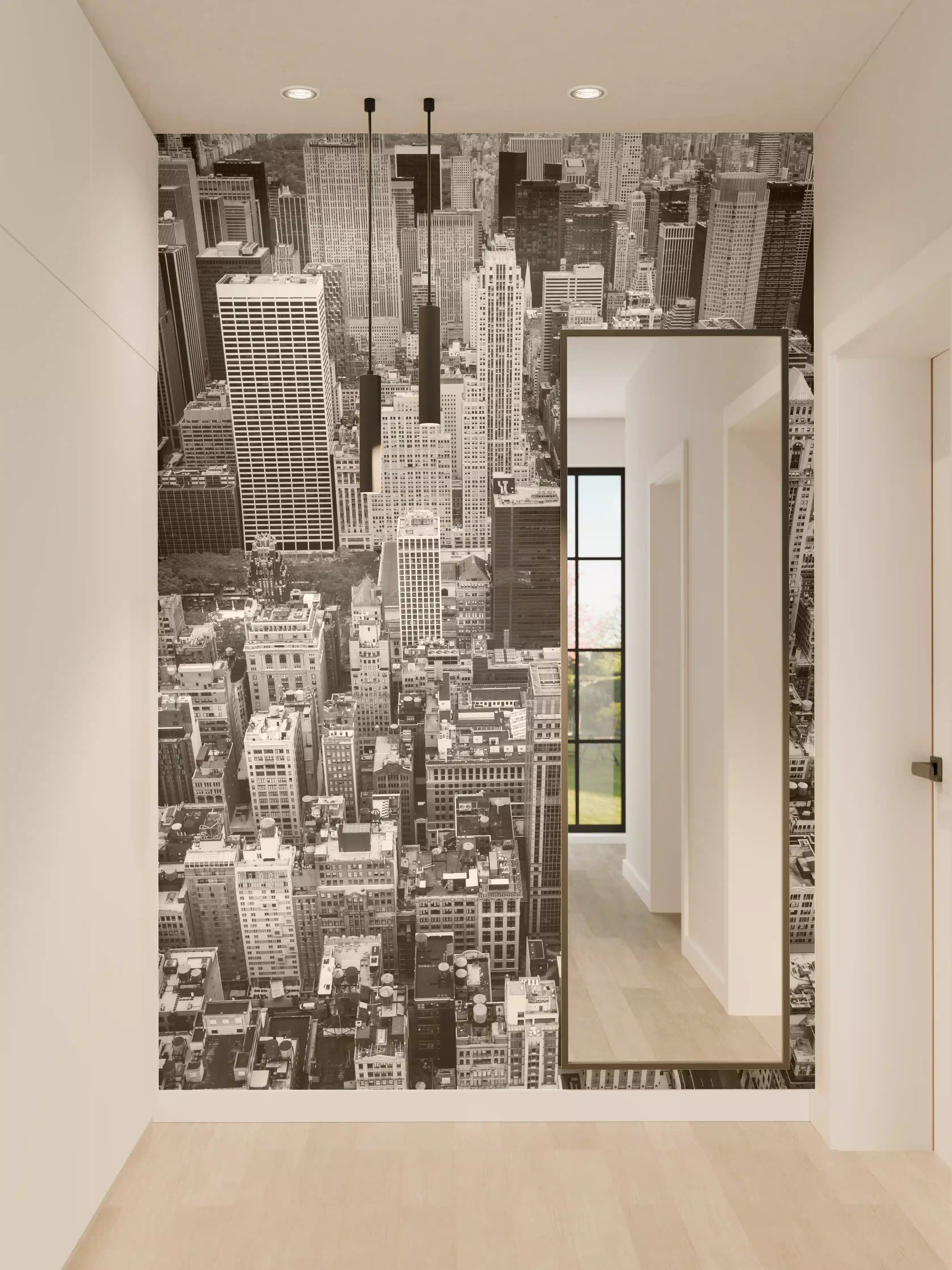 Wandverkleidung Flur - Graue Schatten: Urbane Skyline in Schwarz-Weiß