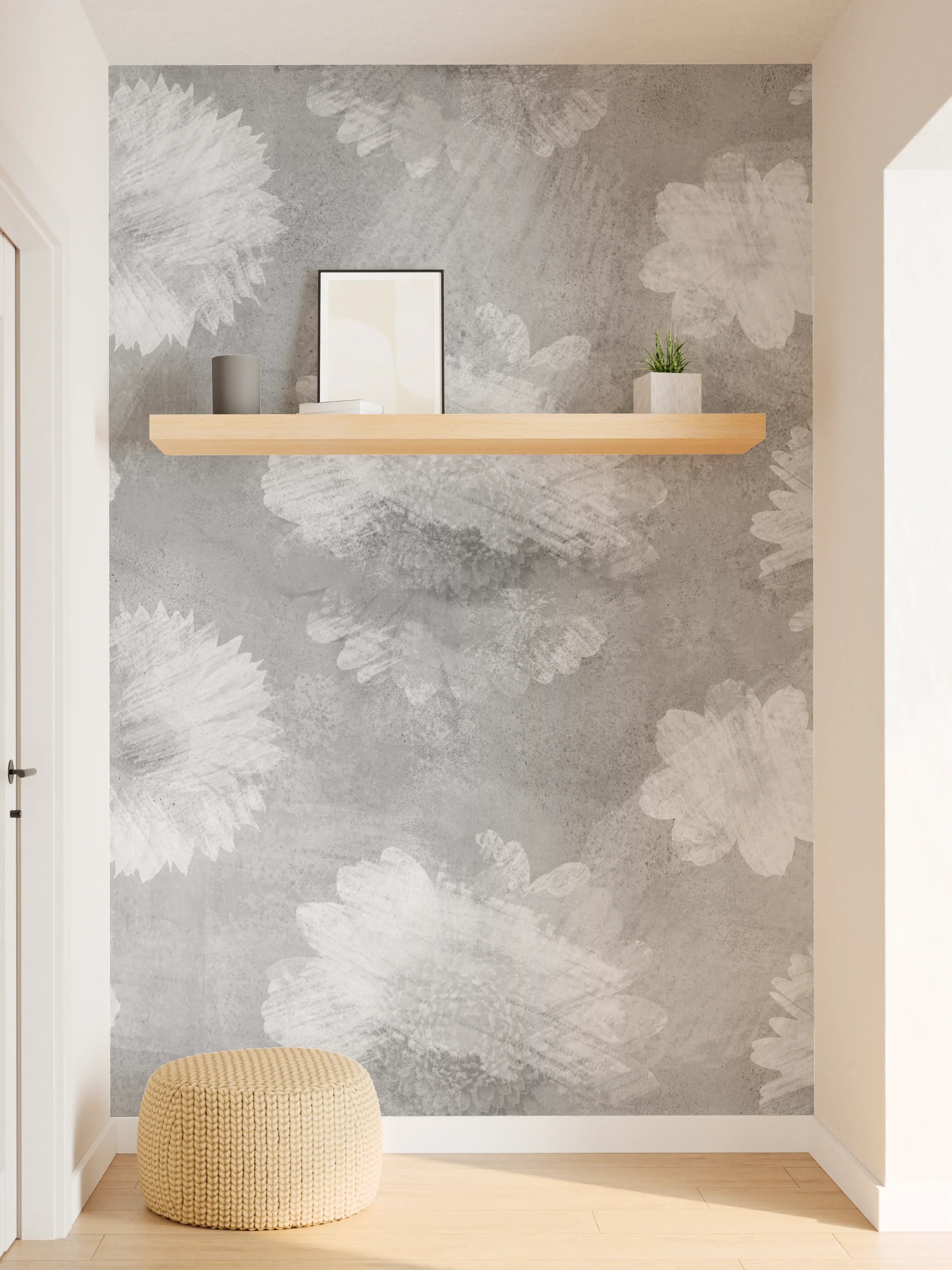 Wandverkleidung Flur - Graue Zement Wand mit weißem Blumenmuster