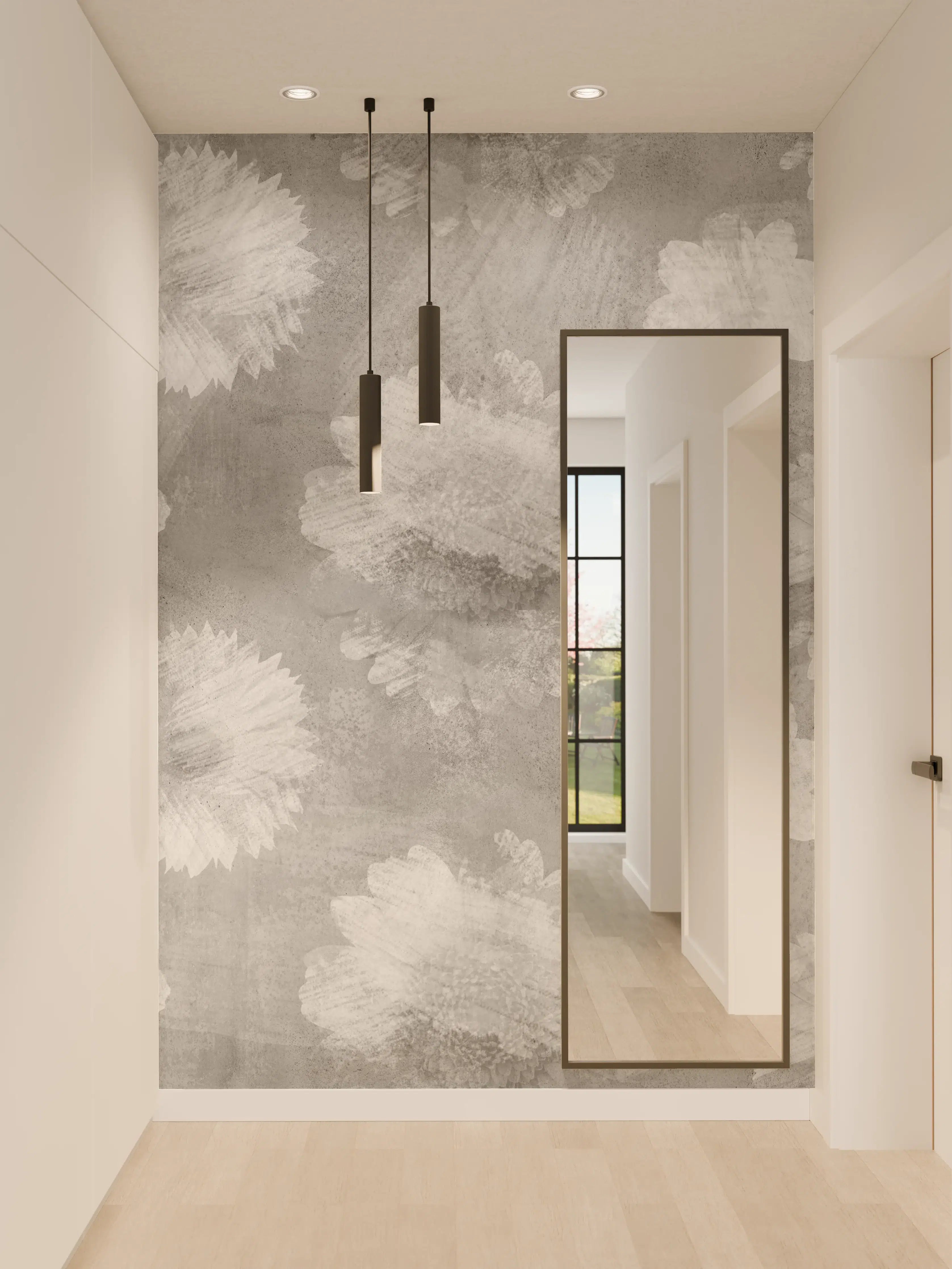 Wandverkleidung Flur - Graue Zement Wand mit weißem Blumenmuster