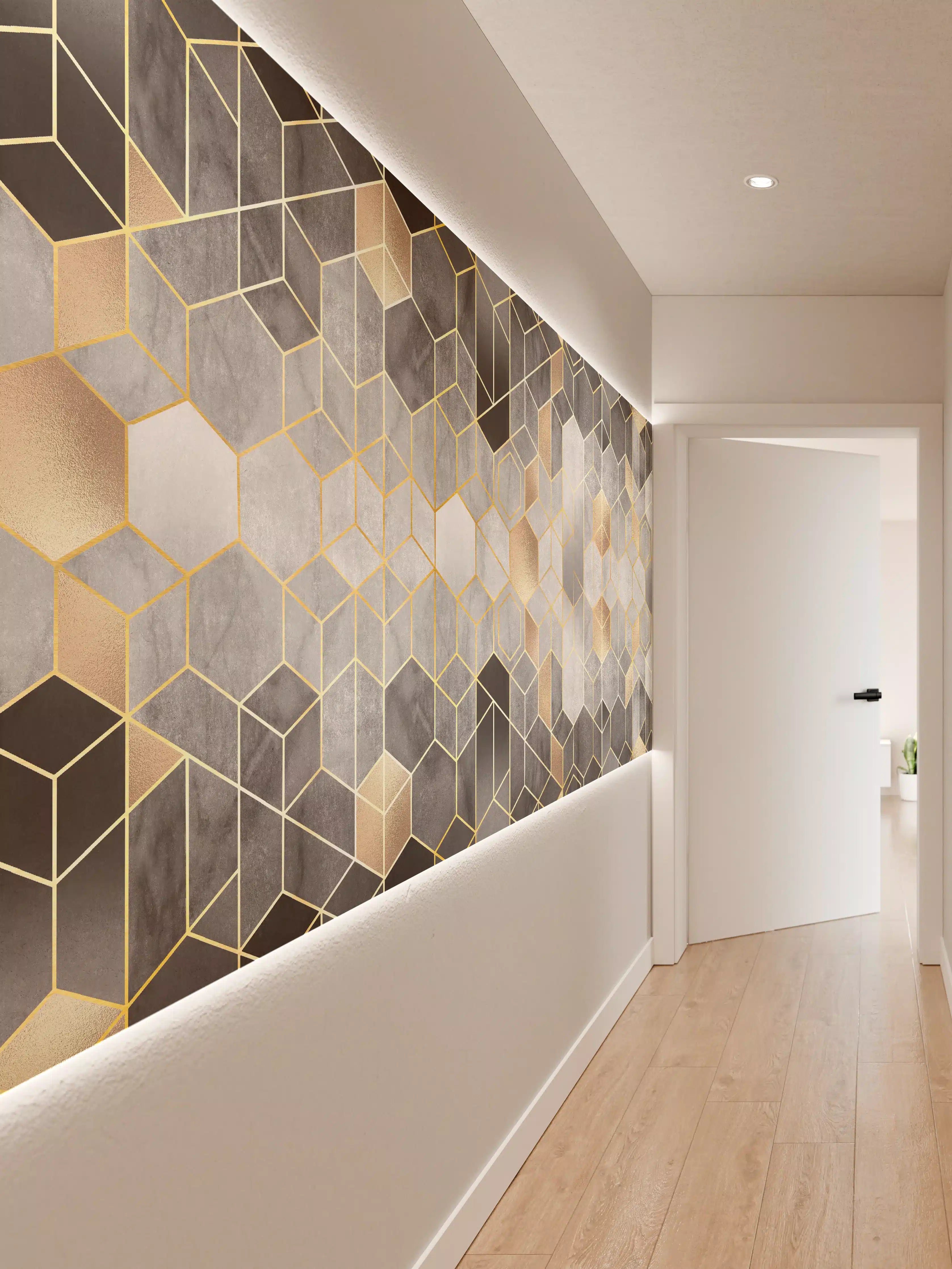 Wandverkleidung Flur - Graue geometrische Eleganz mit Goldakzenten
