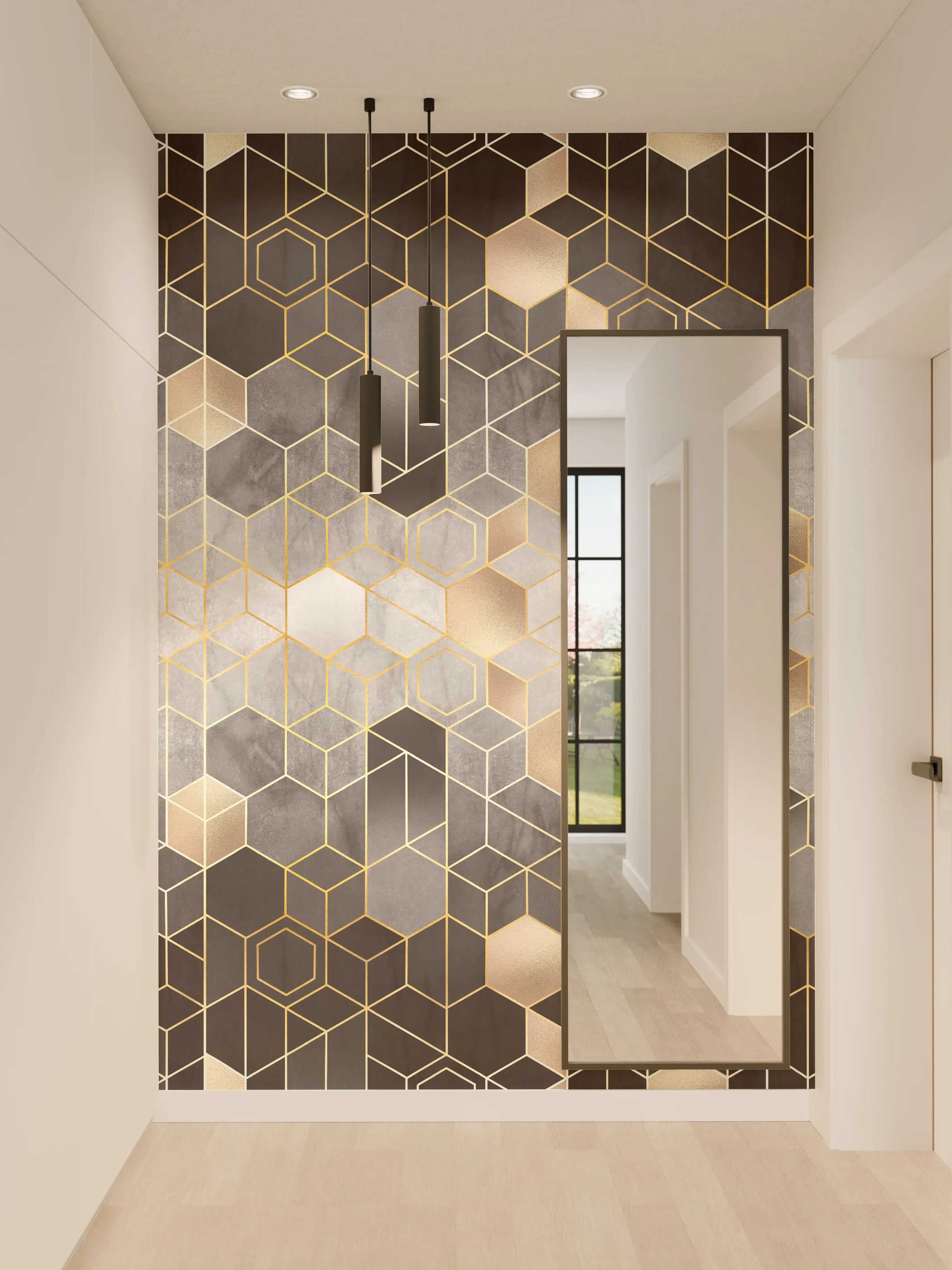 Wandverkleidung Flur - Graue geometrische Eleganz mit Goldakzenten