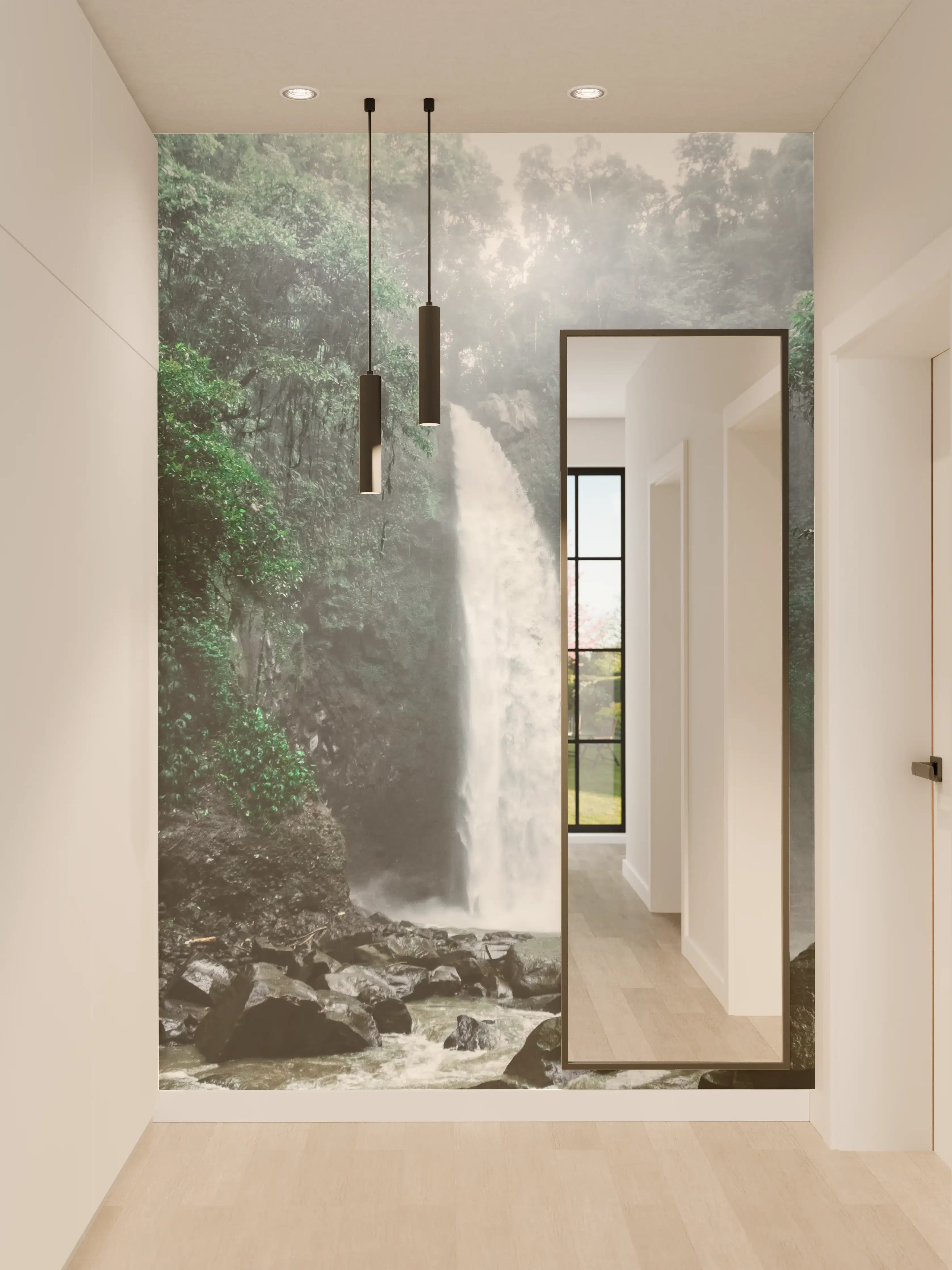 Wandverkleidung Flur - Grauer Wasserfall im weißen Nebel