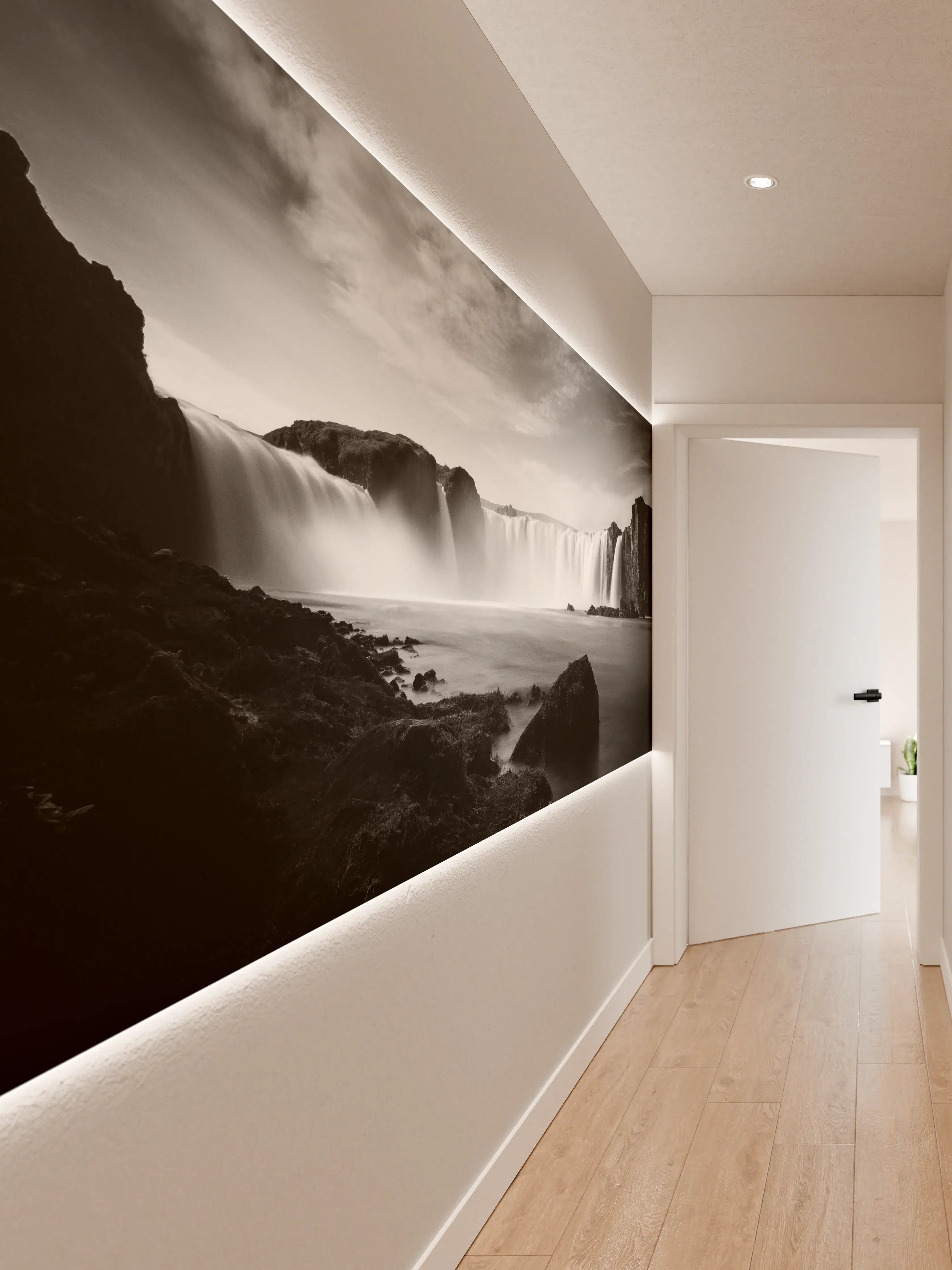 Wandverkleidung Flur - Grauer Wasserfall in Schwarz-Weiß-Optik