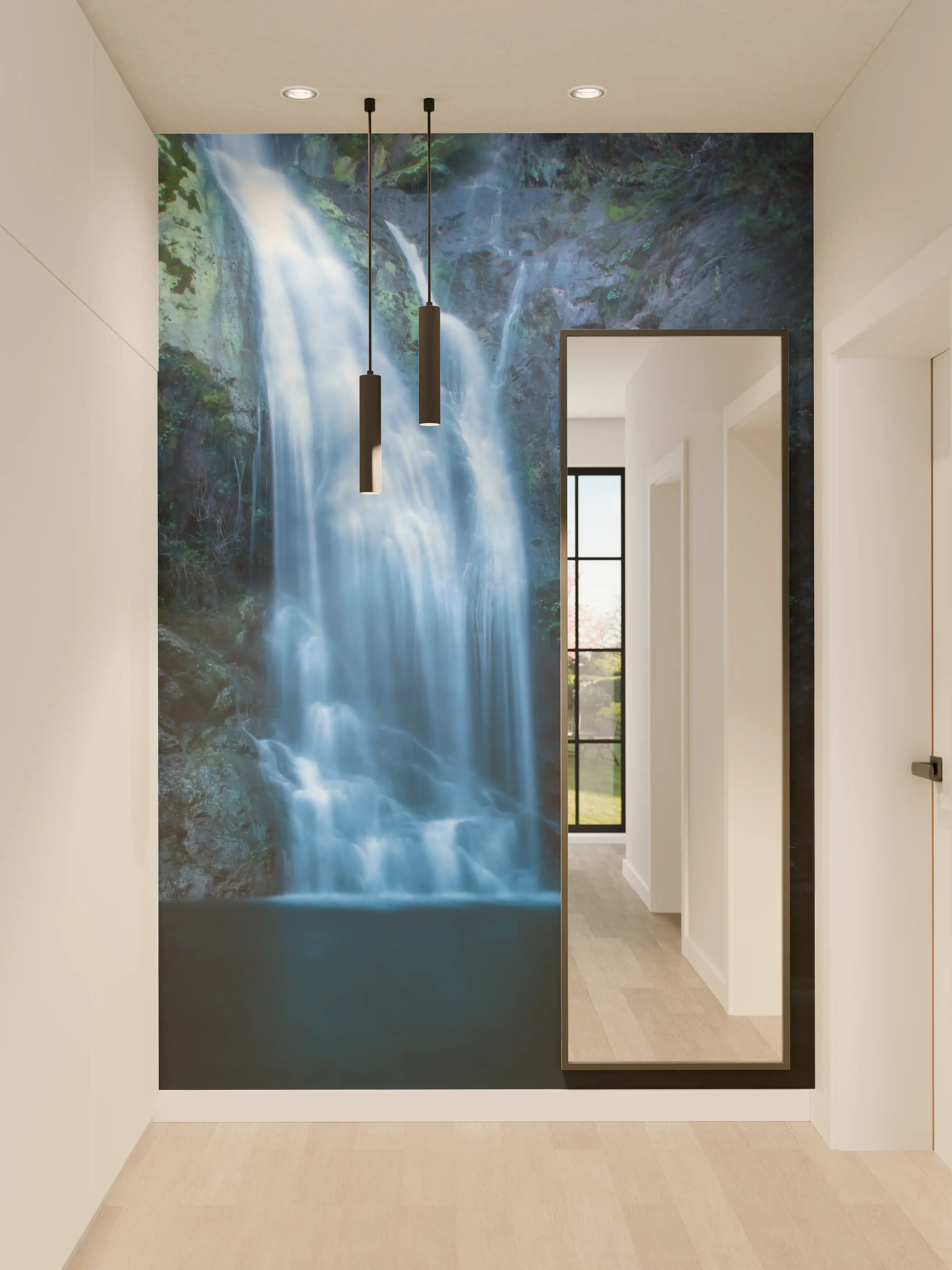 Wandverkleidung Flur - Grauer Wasserfall in nebelhafter Natur