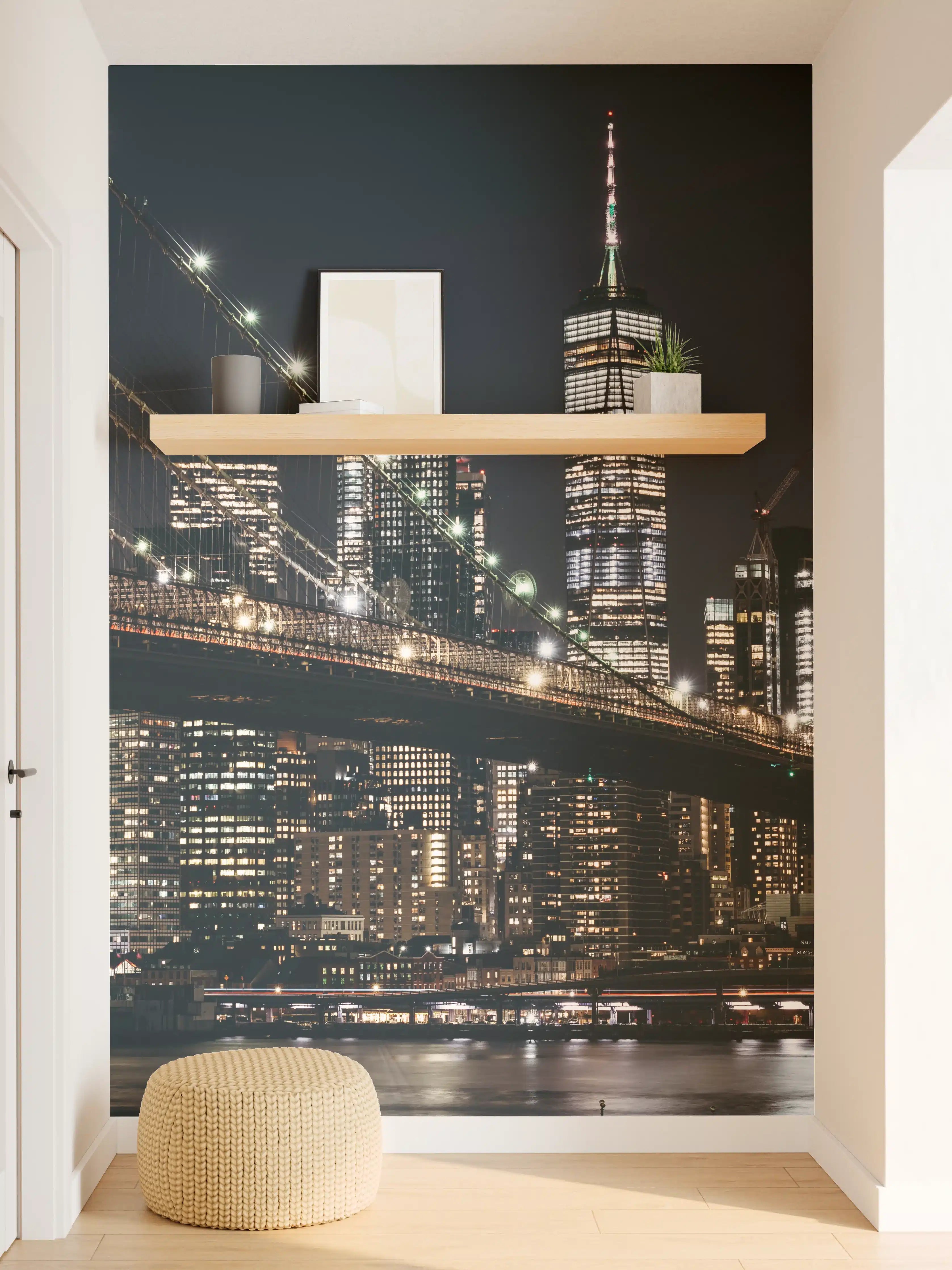 Wandverkleidung Flur - Graufarbene Brooklyn Bridge bei Nacht