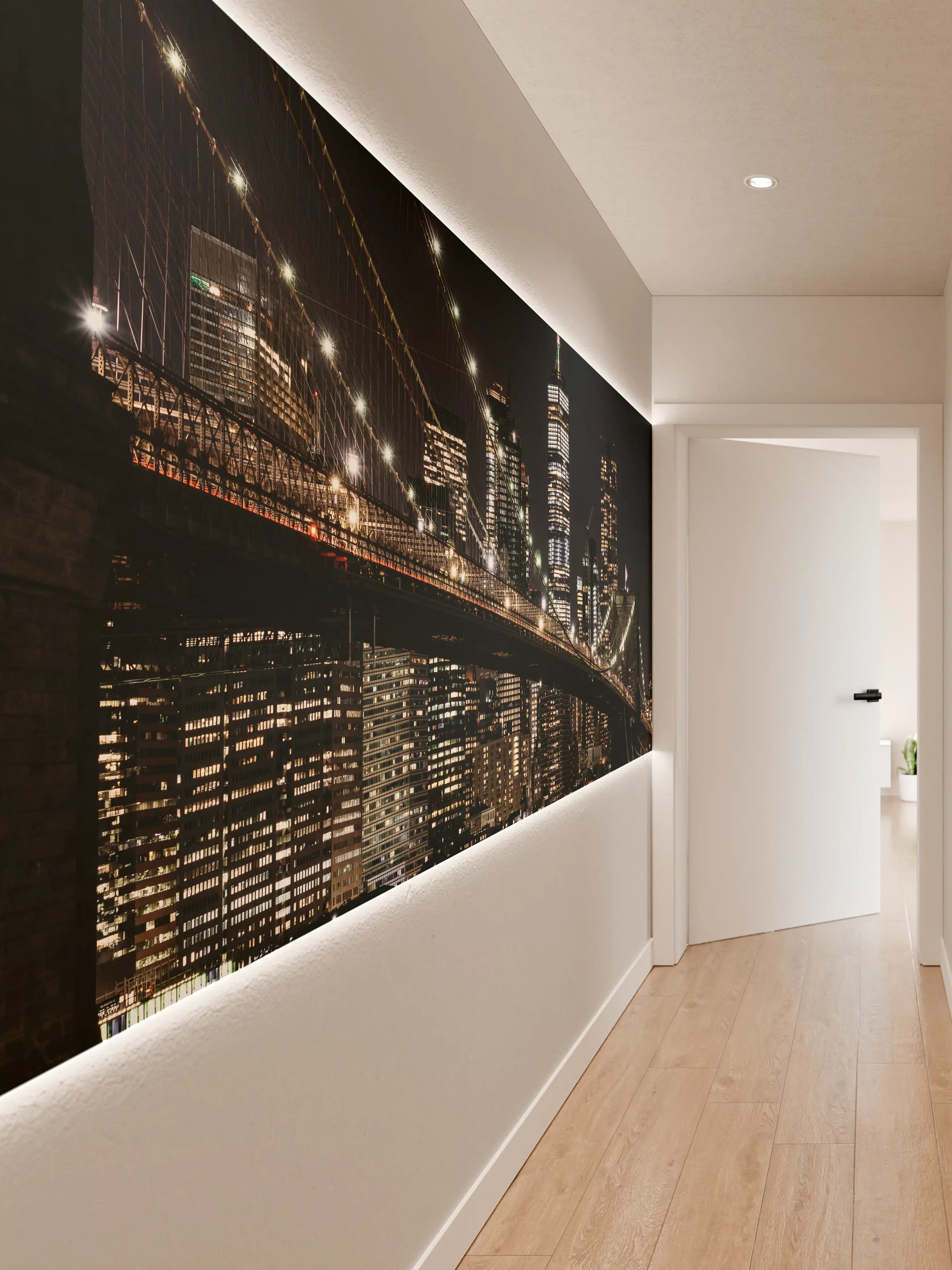 Wandverkleidung Flur - Graufarbene Brooklyn Bridge bei Nacht