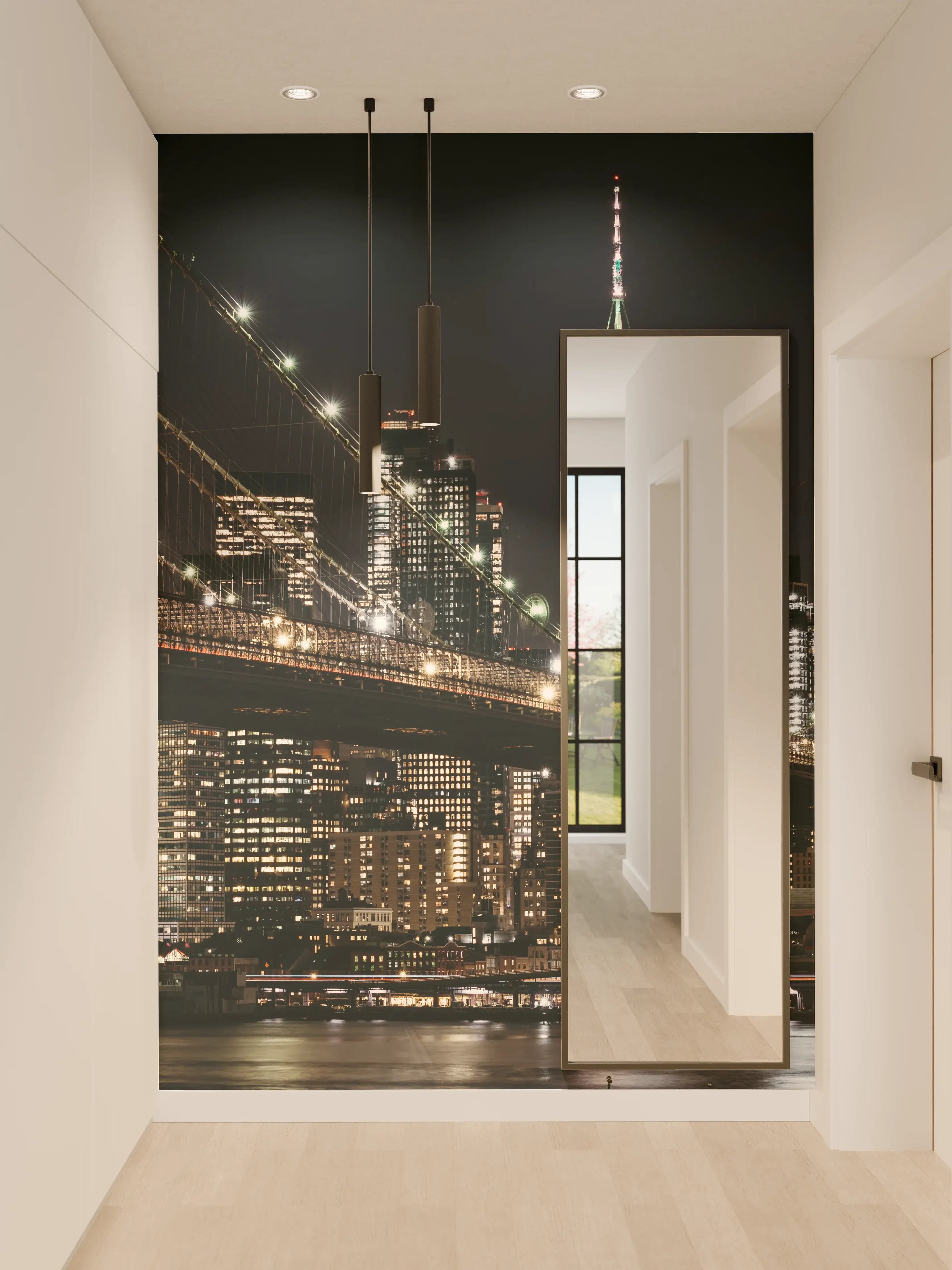 Wandverkleidung Flur - Graufarbene Brooklyn Bridge bei Nacht