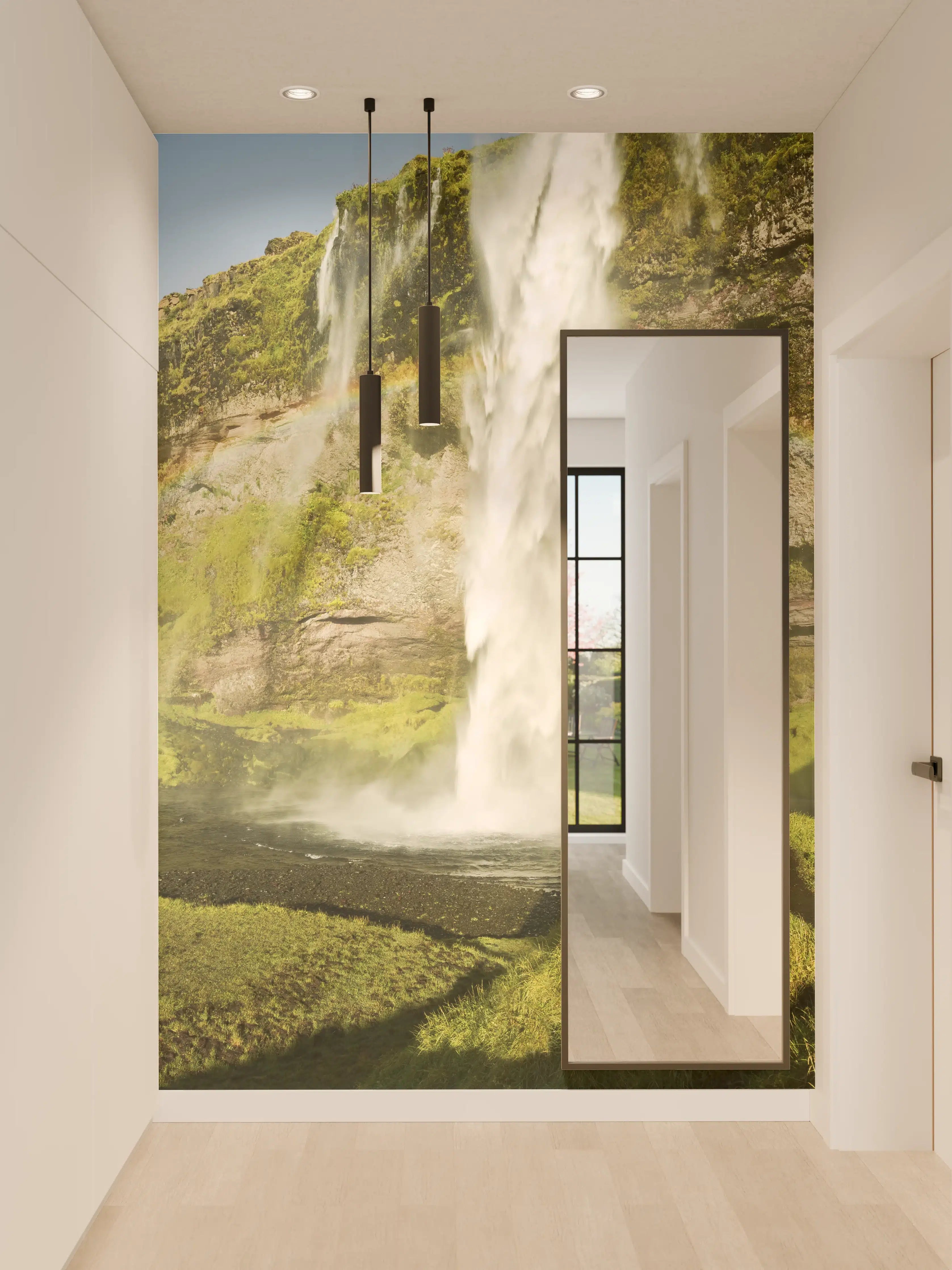 Wandverkleidung Flur - Graufarbener Wasserfall mit Regenbogenzauber