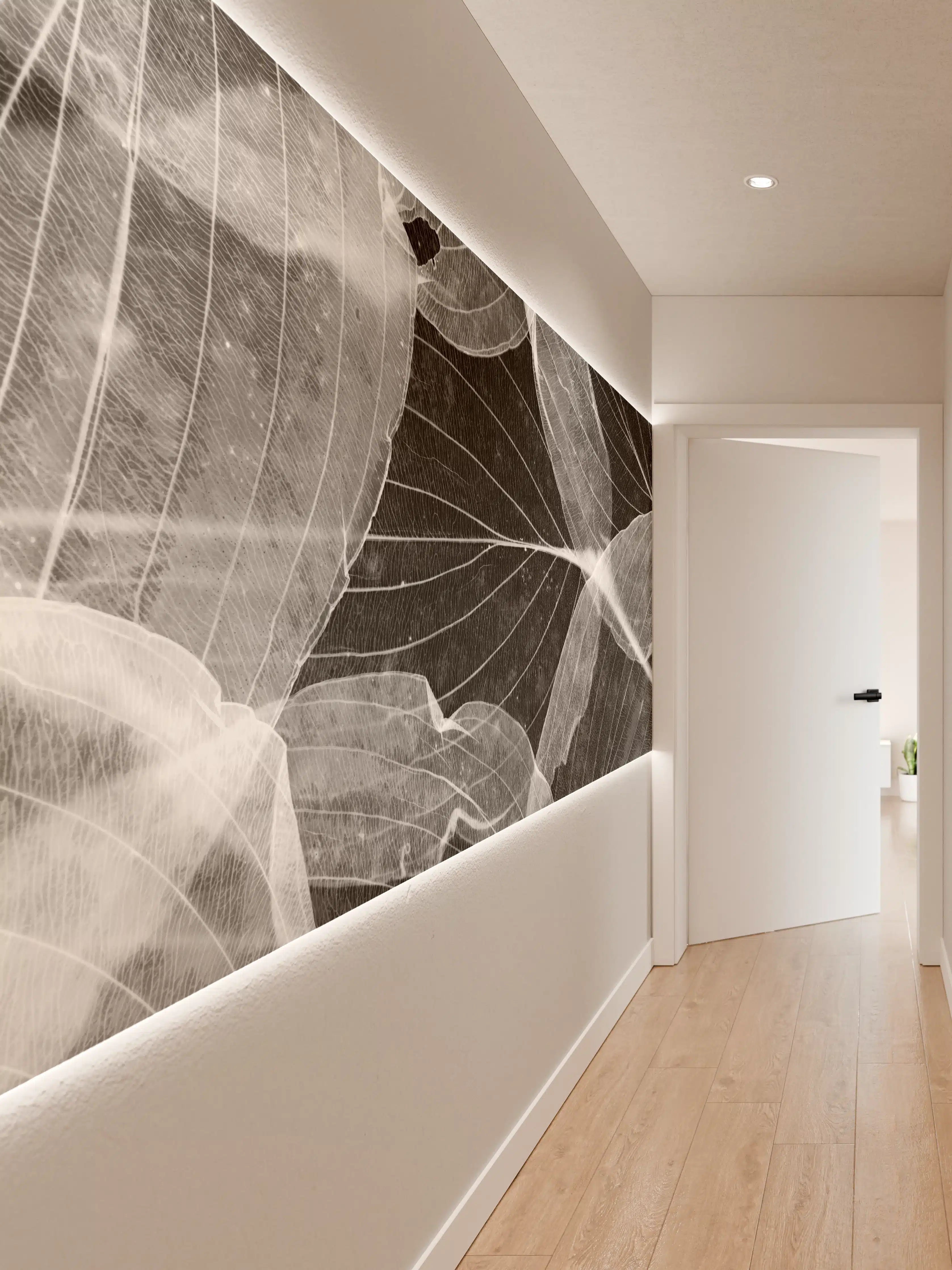 Wandverkleidung Flur - Grauzarte Blätter in Schwarzweiß