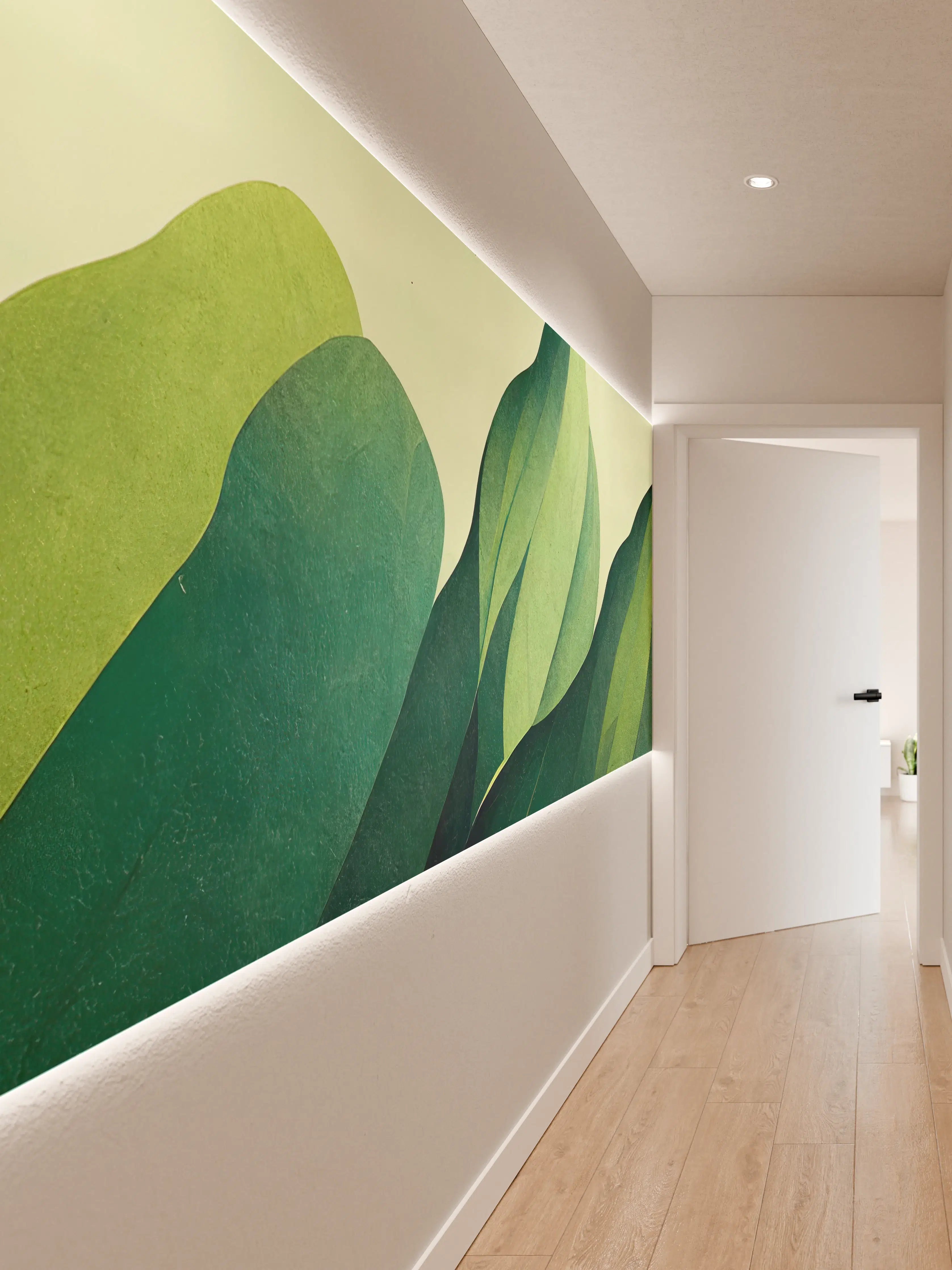 Wandverkleidung Flur - Grünes Blattdesign in Aquarelltechniken
