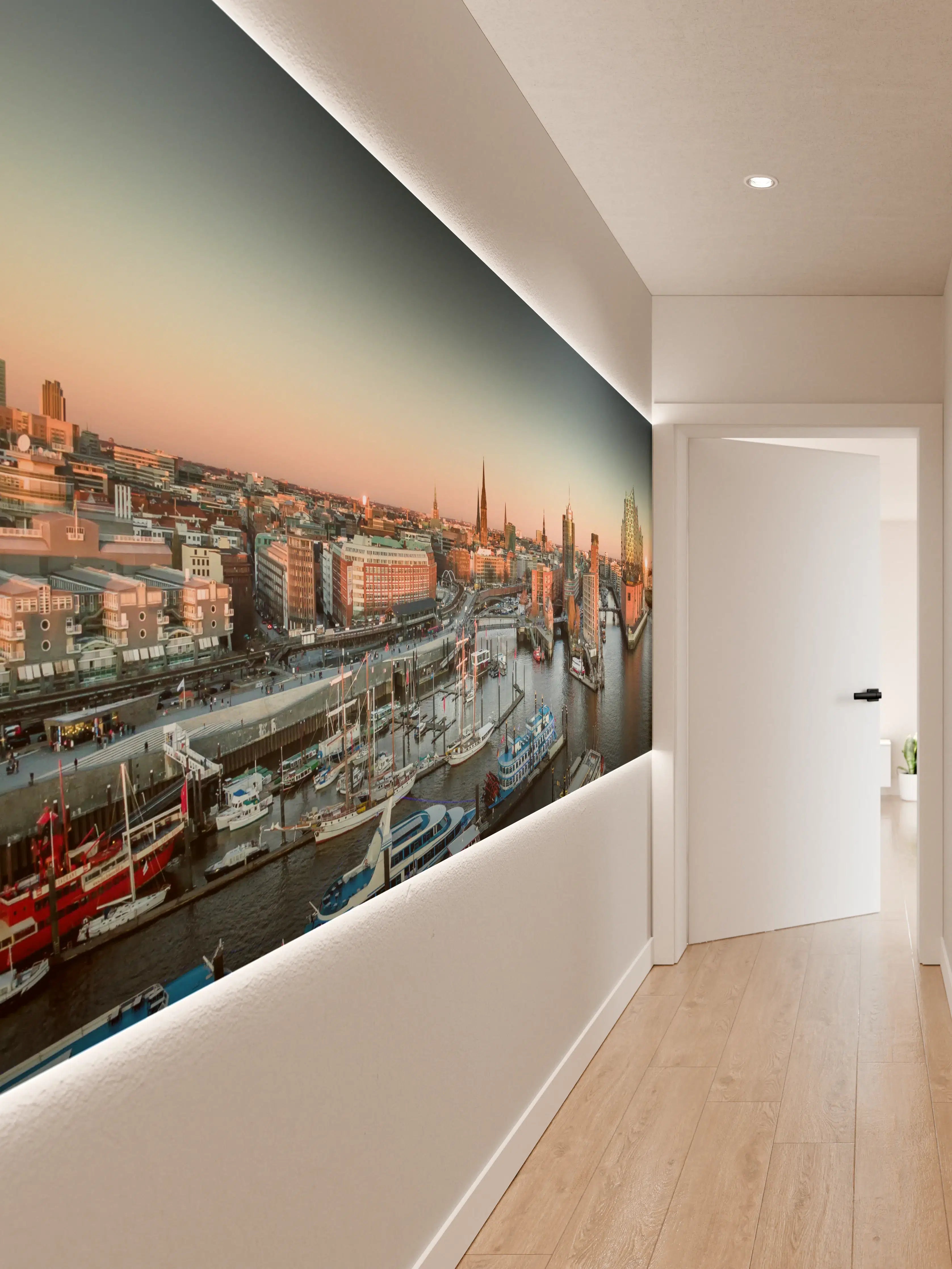 Wandverkleidung Flur - Hamburger Hafen bei Sonnenuntergang