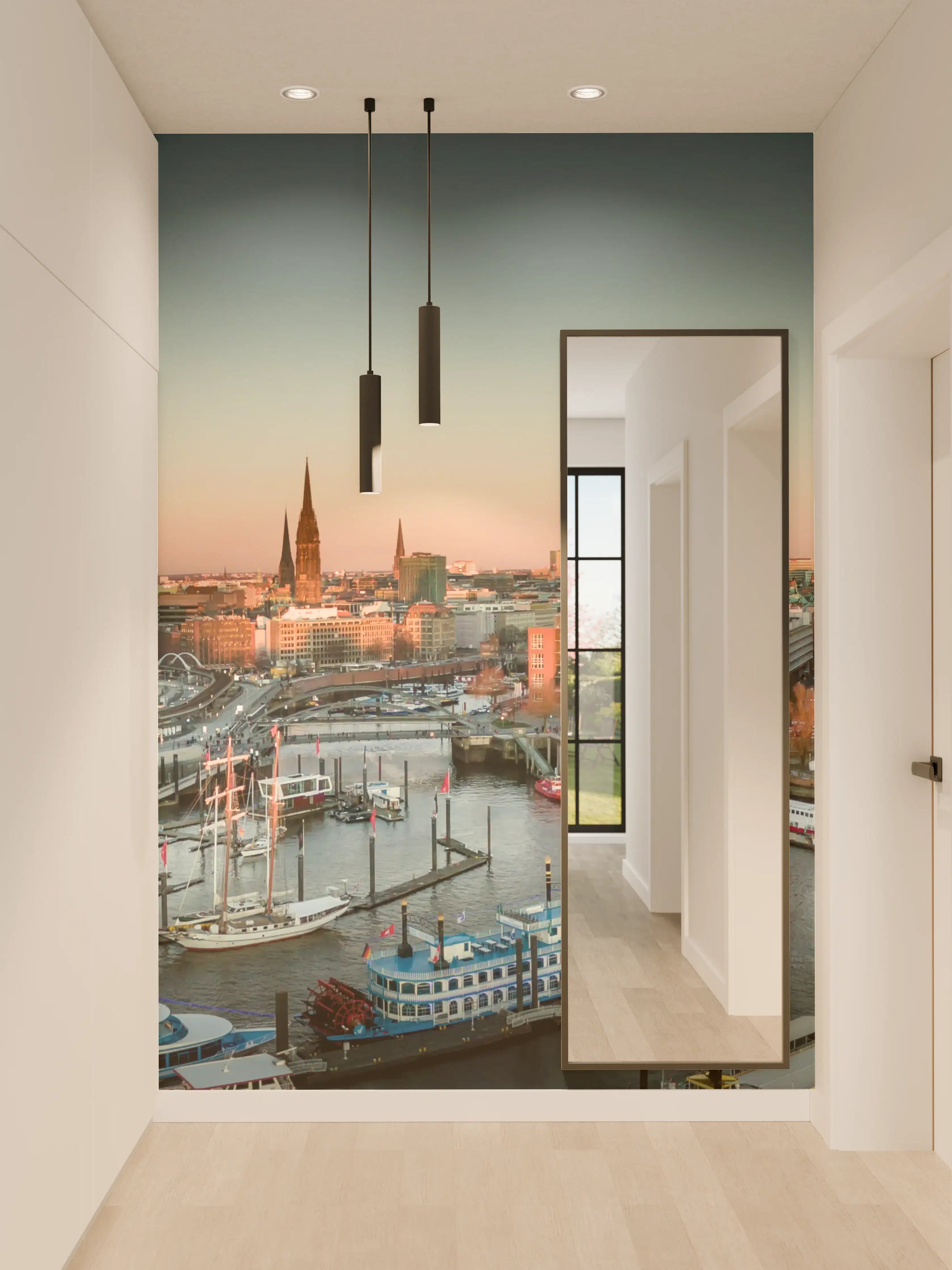 Wandverkleidung Flur - Hamburger Hafen bei Sonnenuntergang