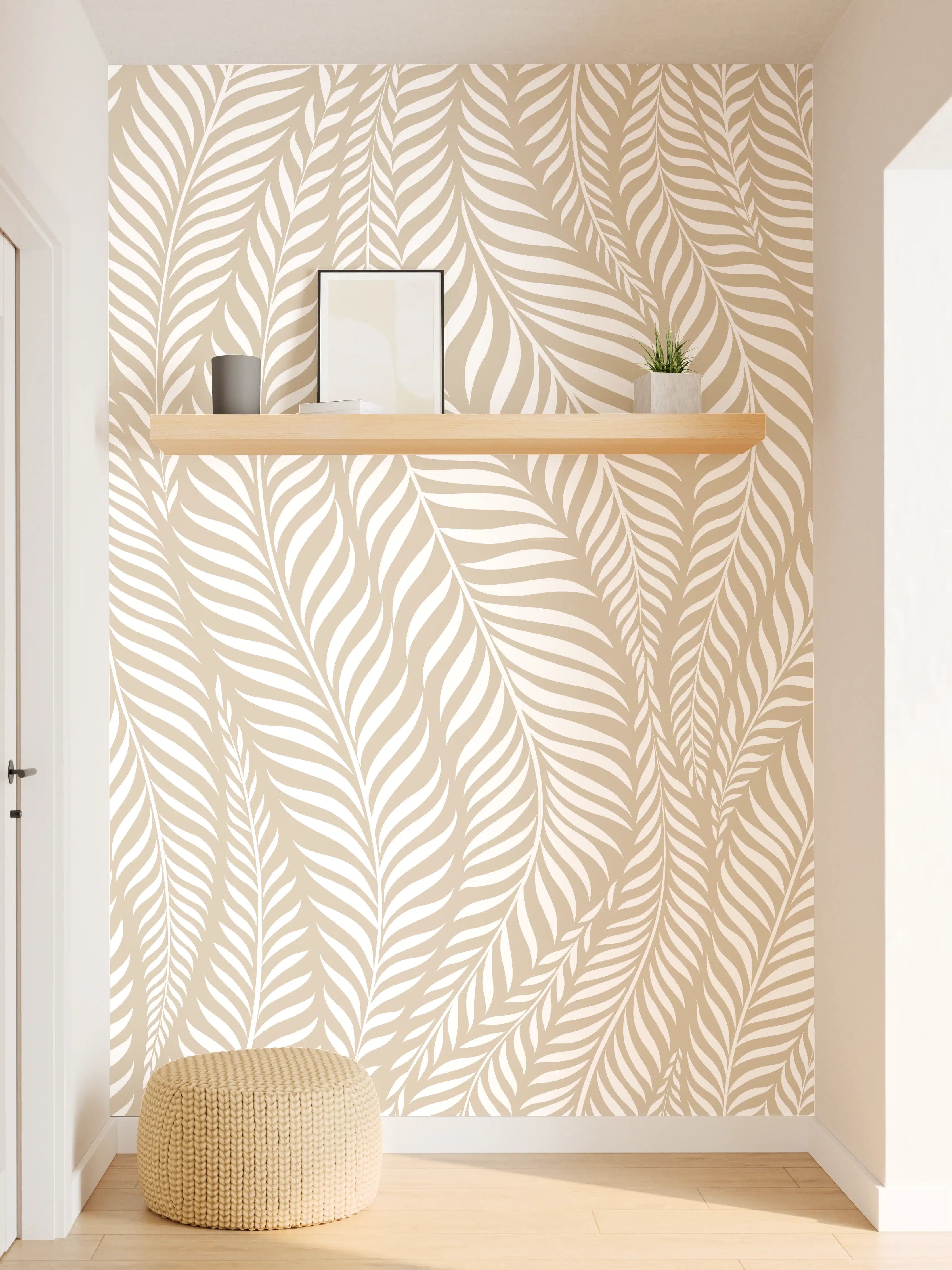 Wandverkleidung Flur - Hellbeige mit zarten Blattmustern