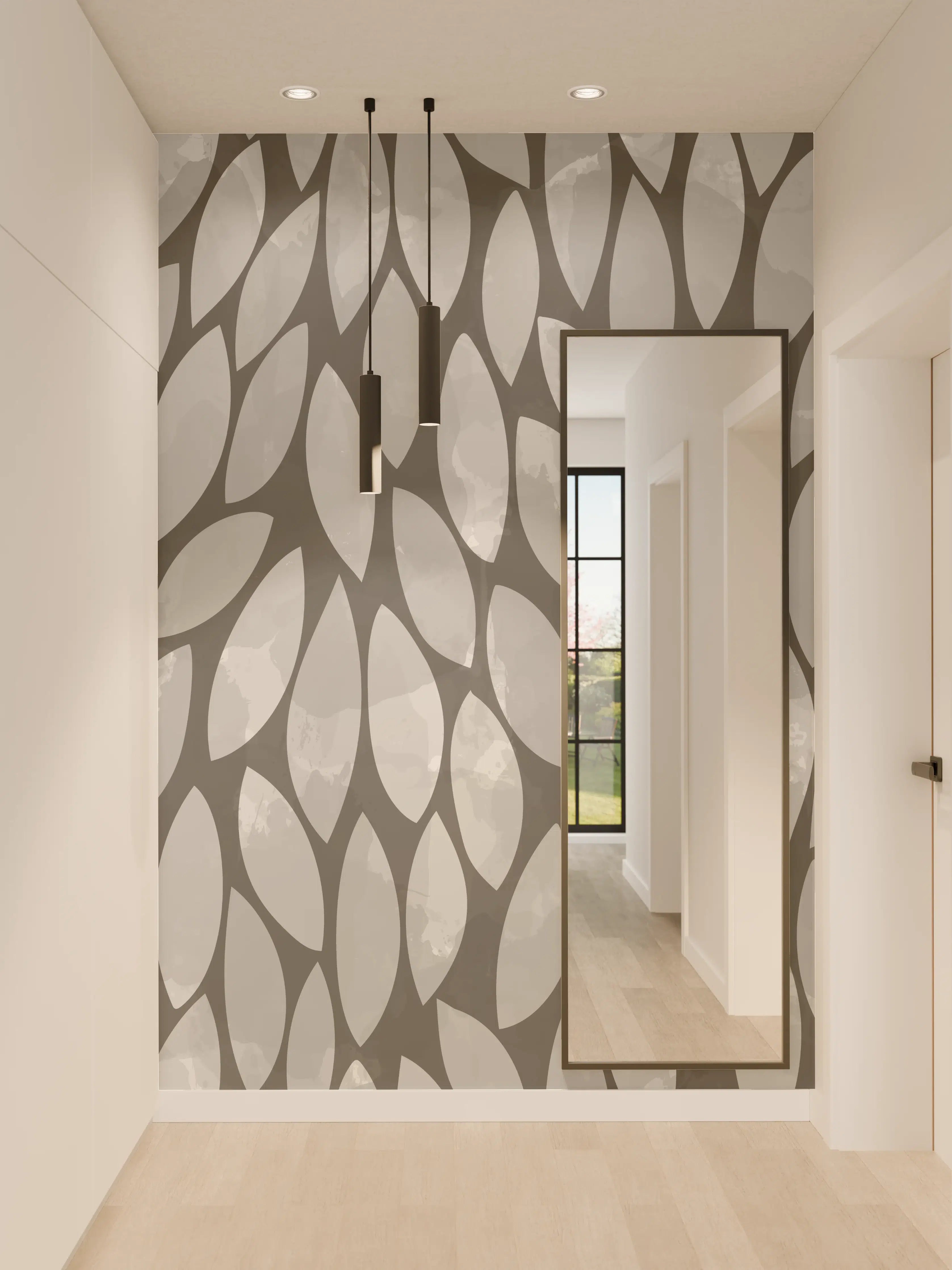 Wandverkleidung Flur - Helle Grautapete mit weißen Blattmotiven