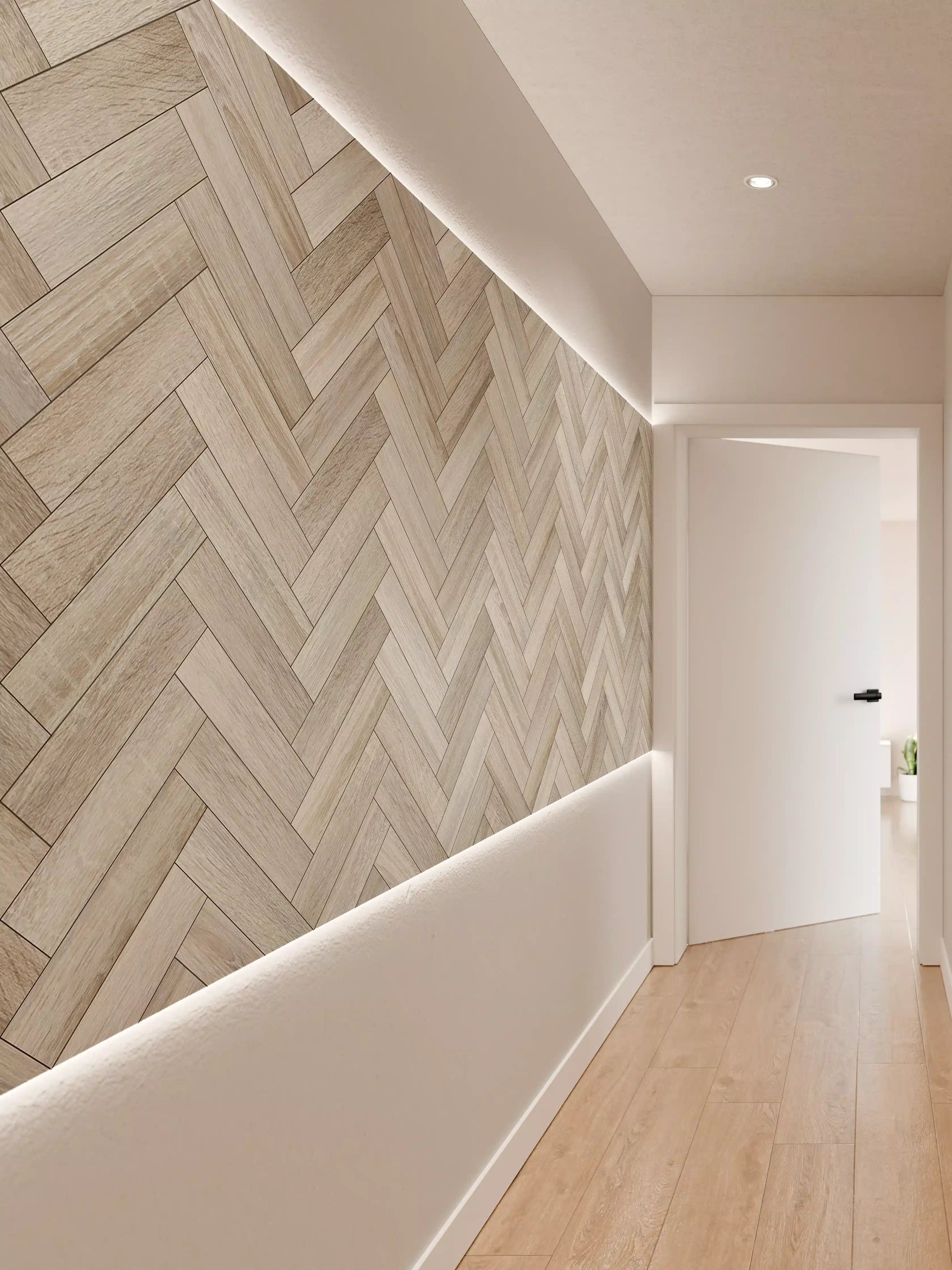 Wandverkleidung Flur - Heller Holzboden im Herringbone-Design