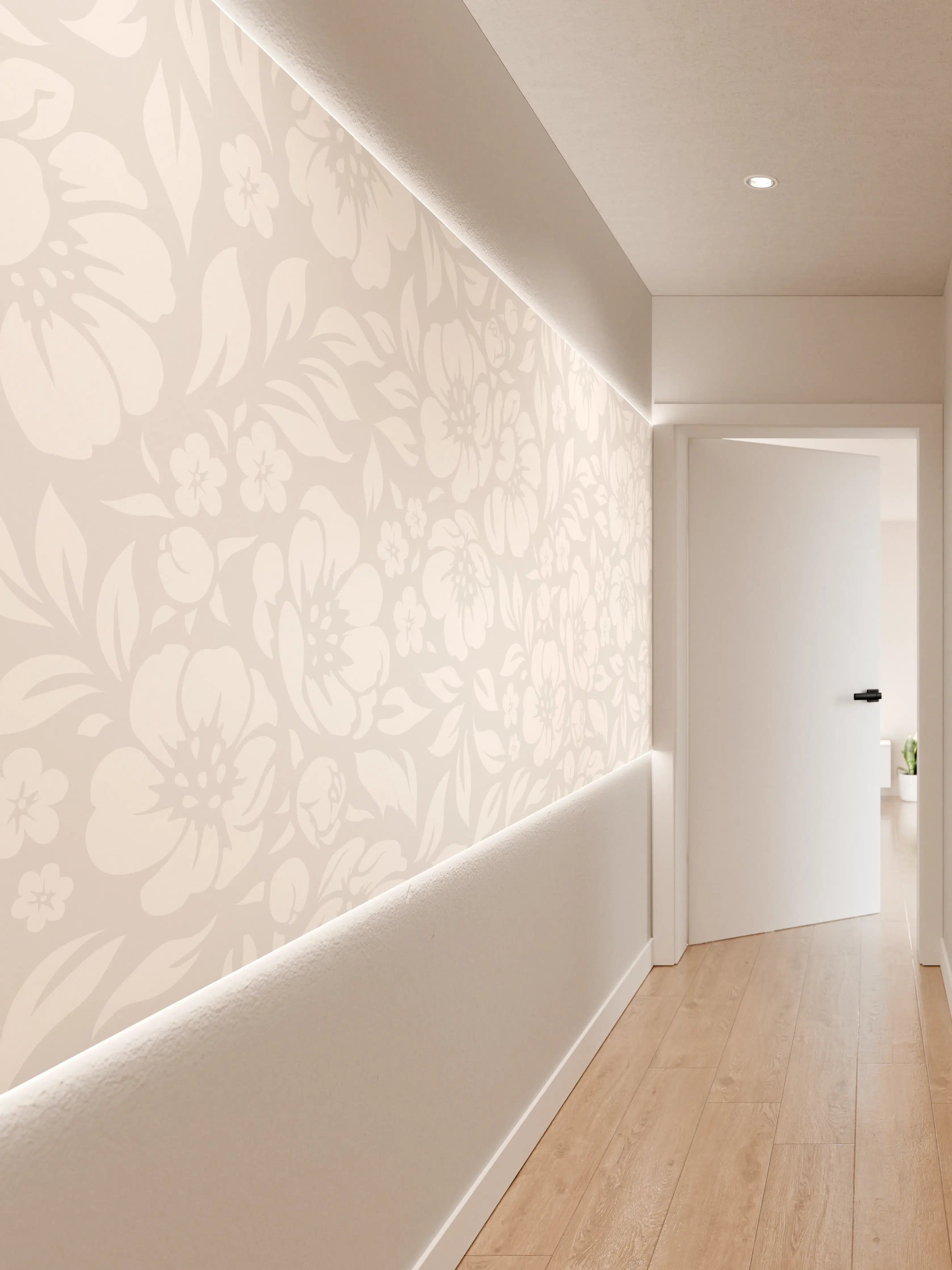 Wandverkleidung Flur - Heller floraler Hintergrund in Grautönen