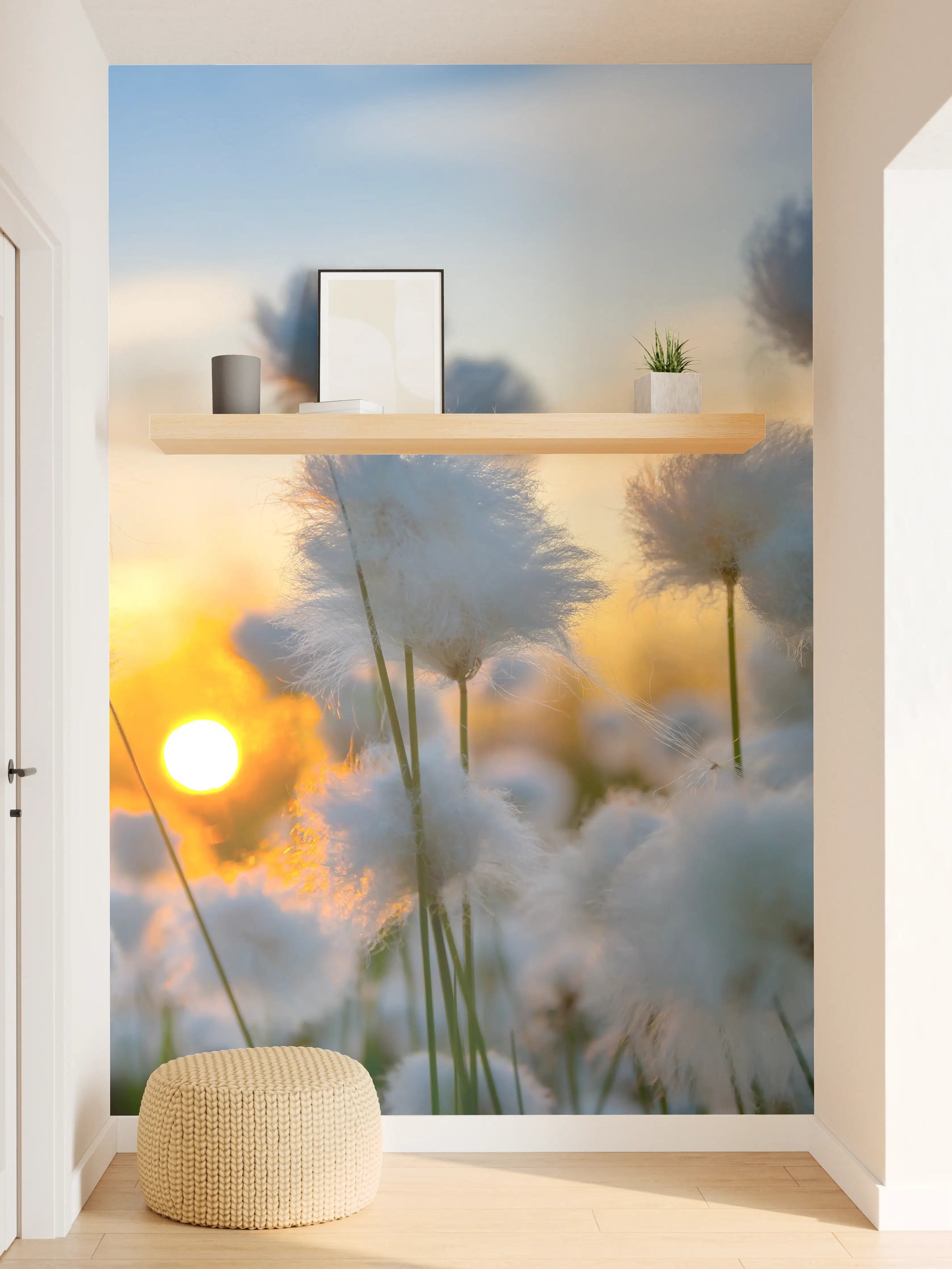 Wandverkleidung Flur - Helles Naturbild mit Baumwollblumen und Sonnenuntergang