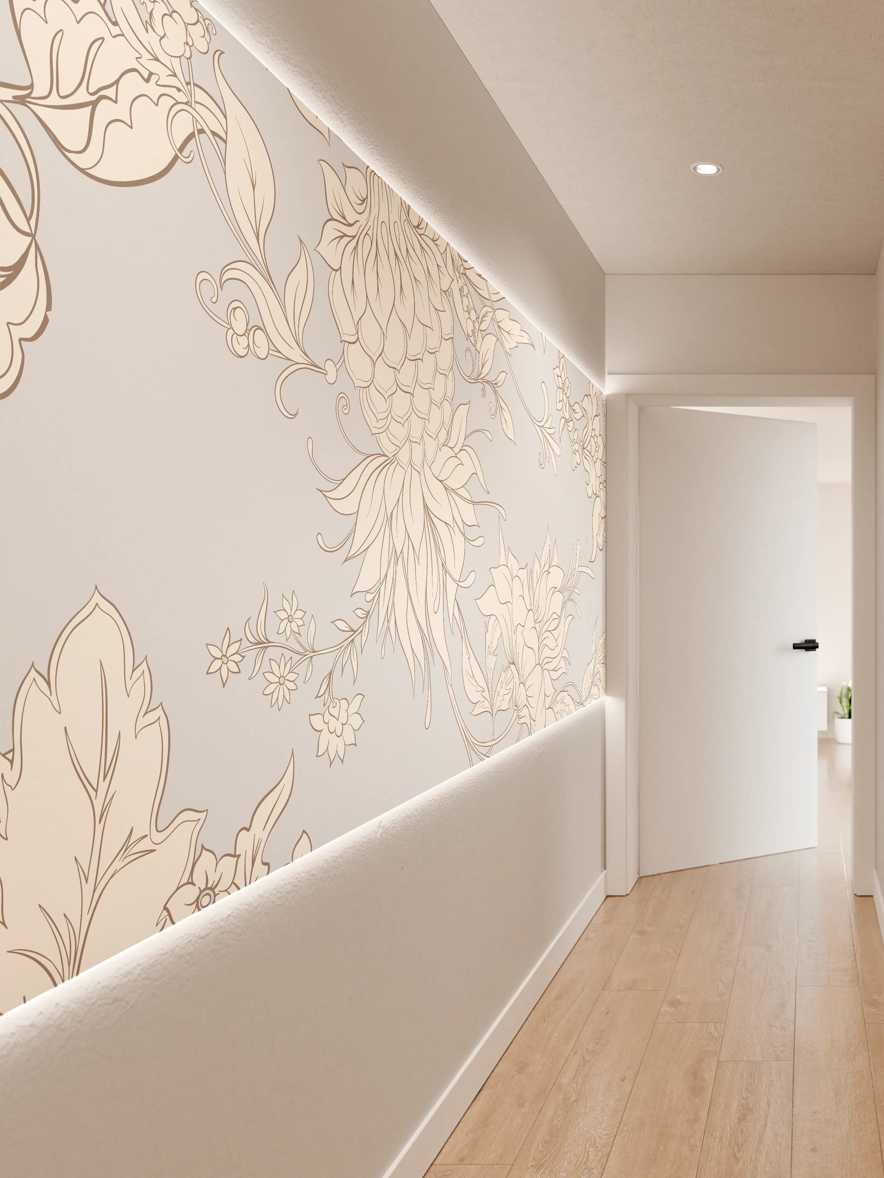 Wandverkleidung Flur - Helles Pflanzenmuster auf pastelligem Hintergrund