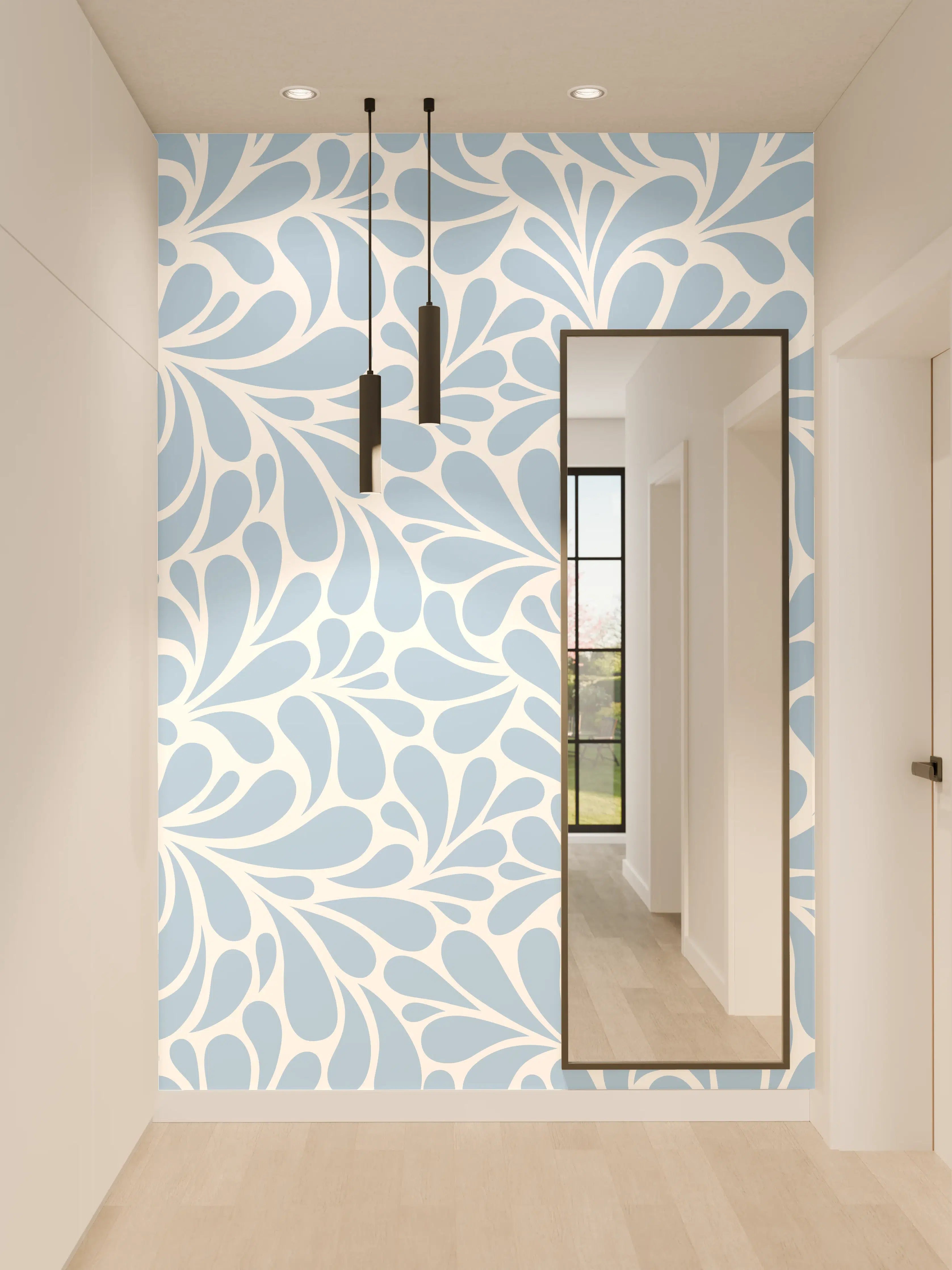 Wandverkleidung Flur - Helles, floral inspiriertes Muster in Weiß und Hellblau