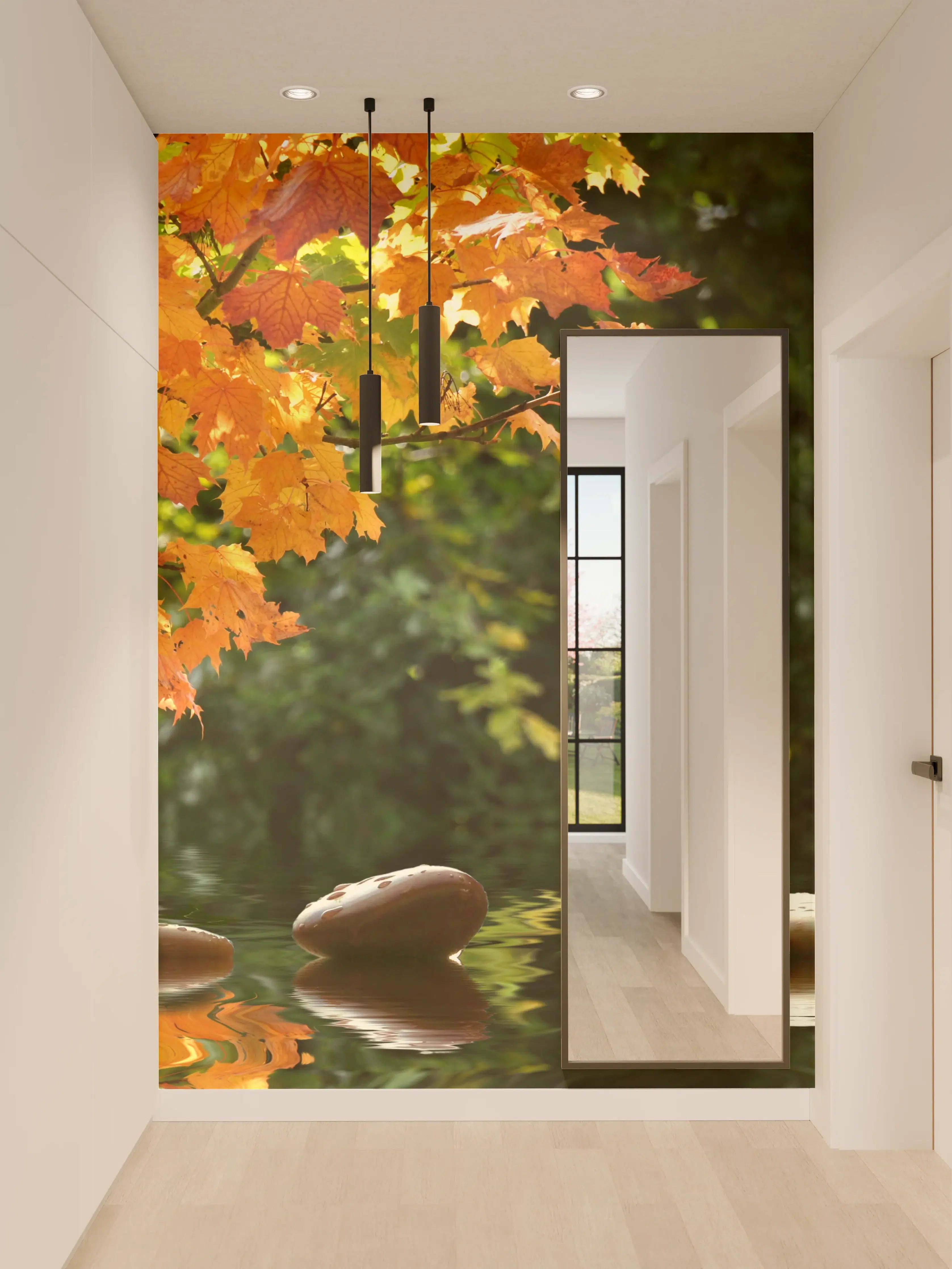 Wandverkleidung Flur - Herbstliche Baumspitze mit Seenlandschaft