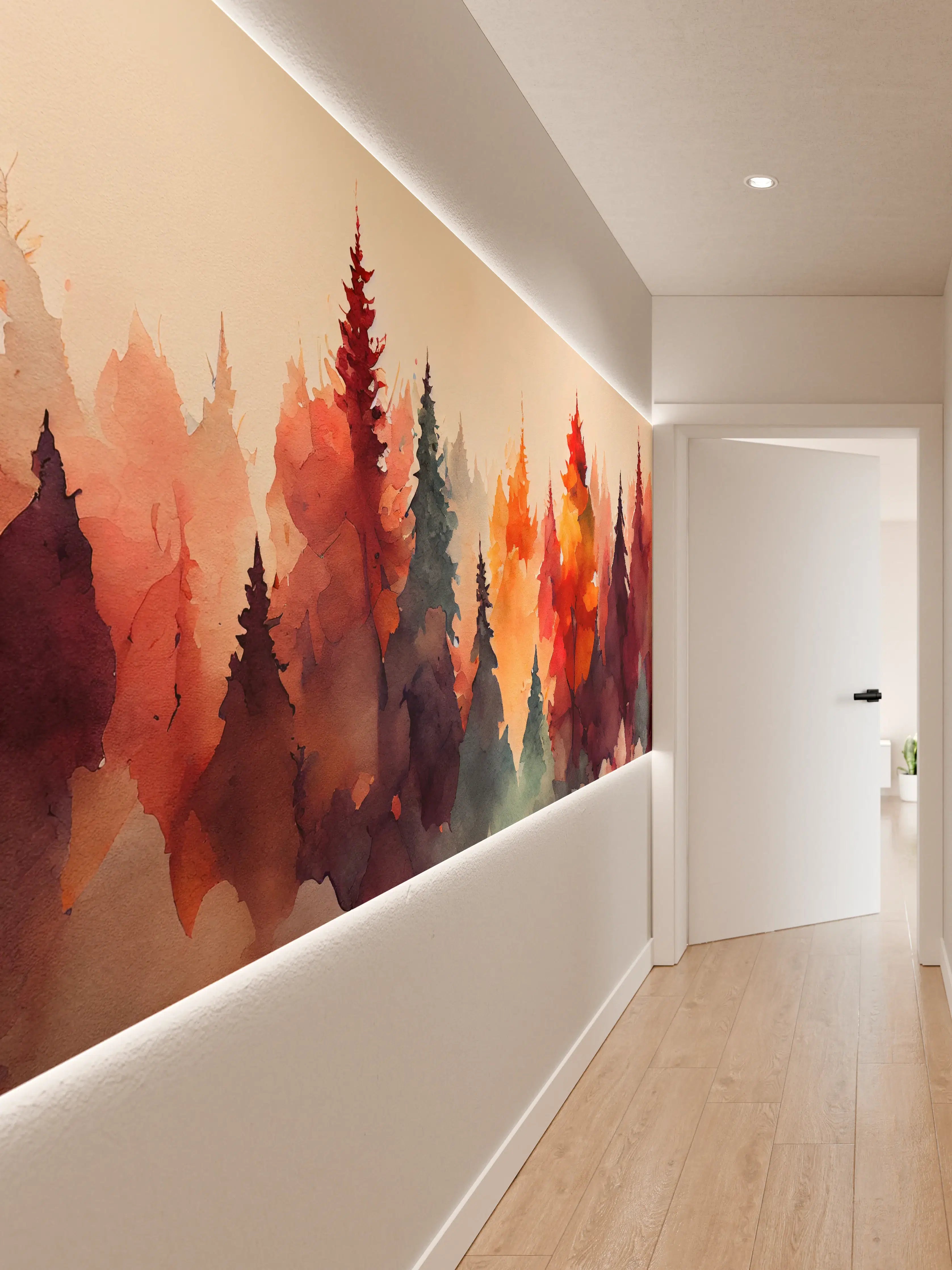 Wandverkleidung Flur - Herbstliche Waldlandschaft in Aquarelloptik