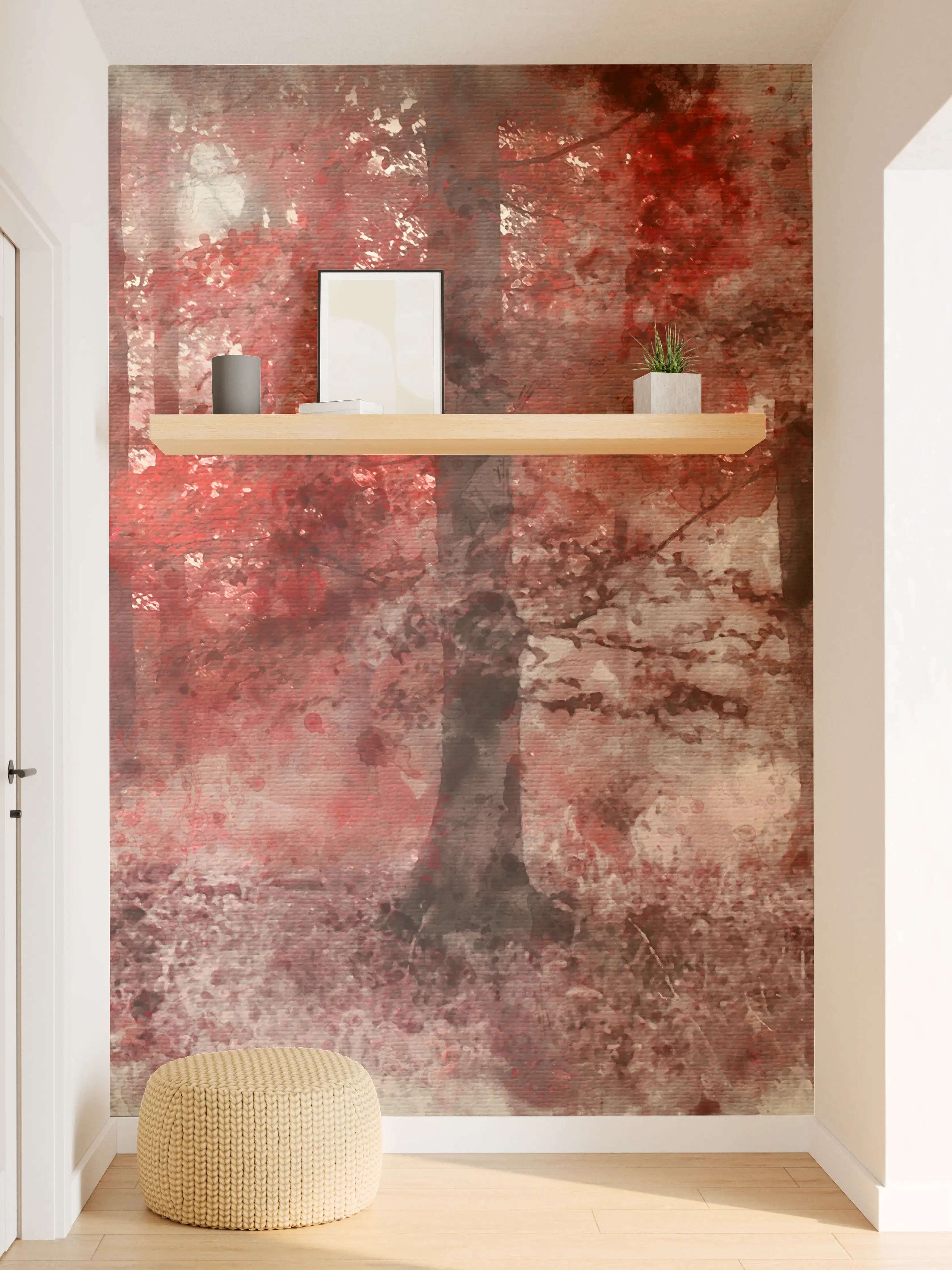 Wandverkleidung Flur - Herbstlicher Wald in Rot und Grau