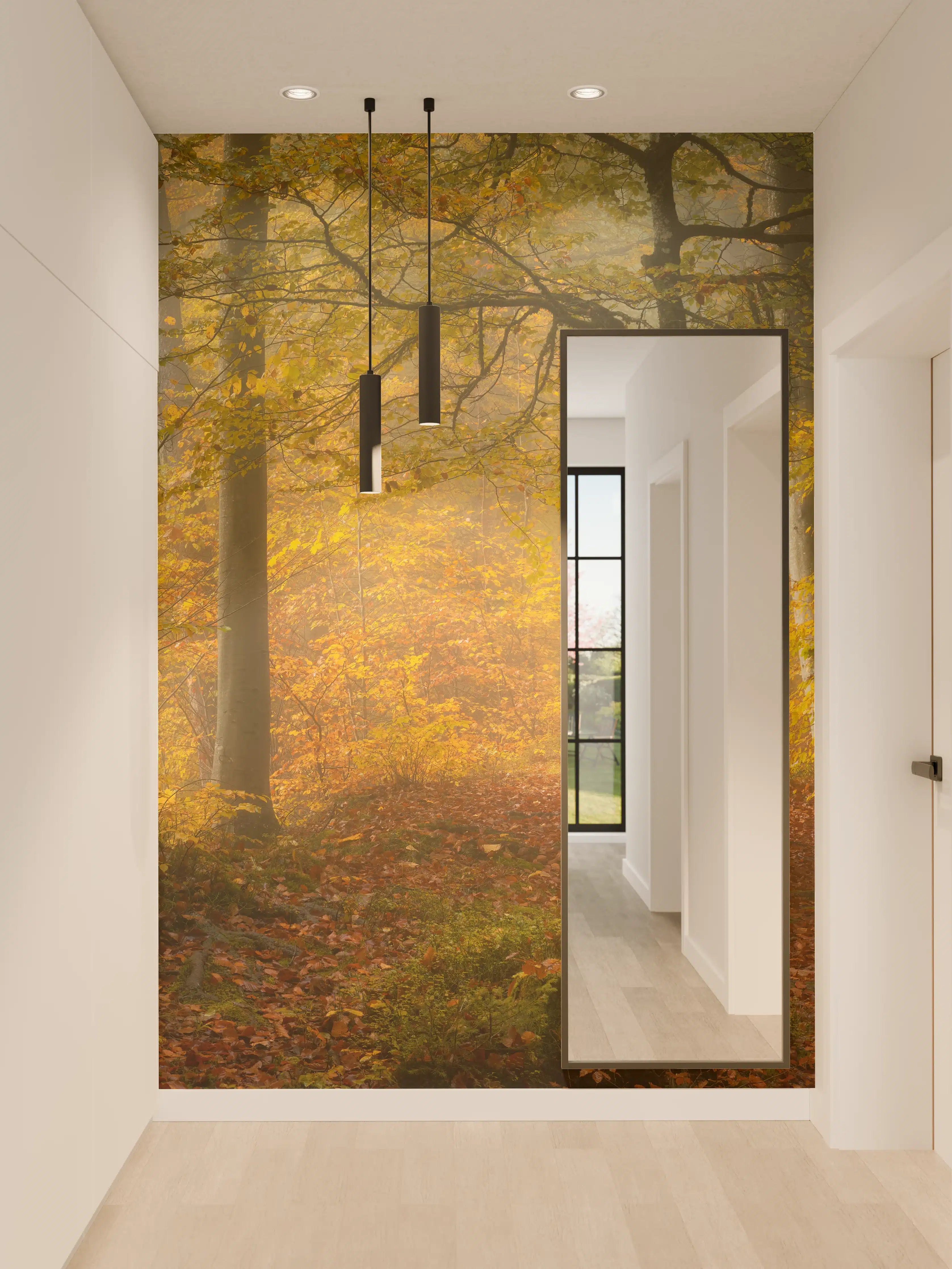 Wandverkleidung Flur - Herbstlicher Waldweg mit Nebel