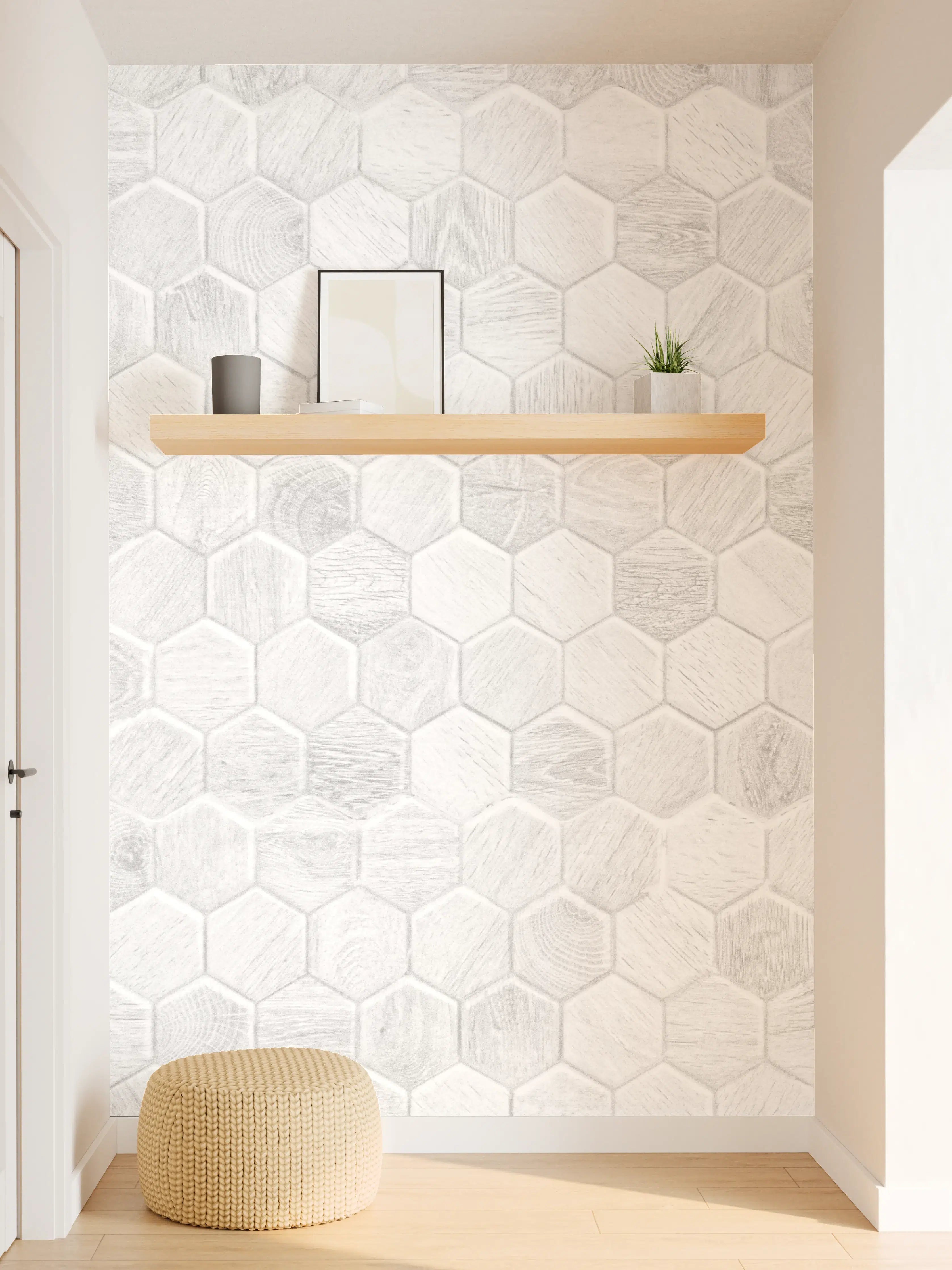 Wandverkleidung Flur - Hexagon-Holzpaneele Grau-Weiß