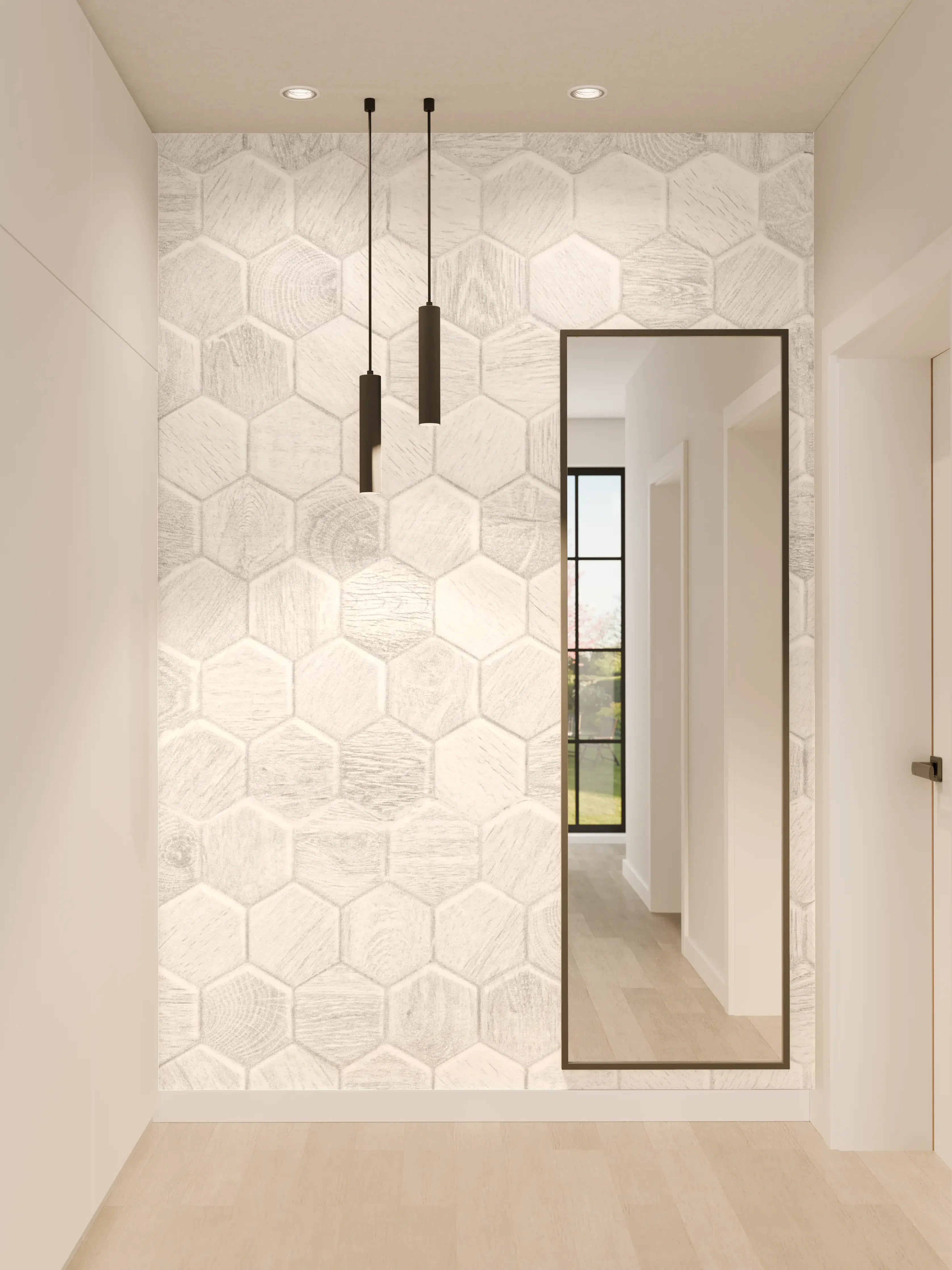 Wandverkleidung Flur - Hexagon-Holzpaneele Grau-Weiß
